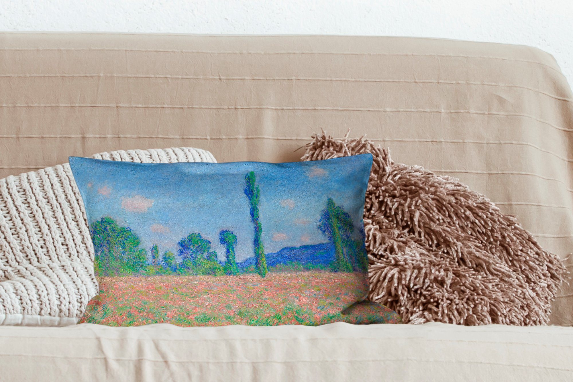 Dekoration, Mohnfeld Gemälde Füllung, von Giverny in Wohzimmer Dekokissen mit Claude - Monet, MuchoWow Schlafzimmer Dekokissen Zierkissen,