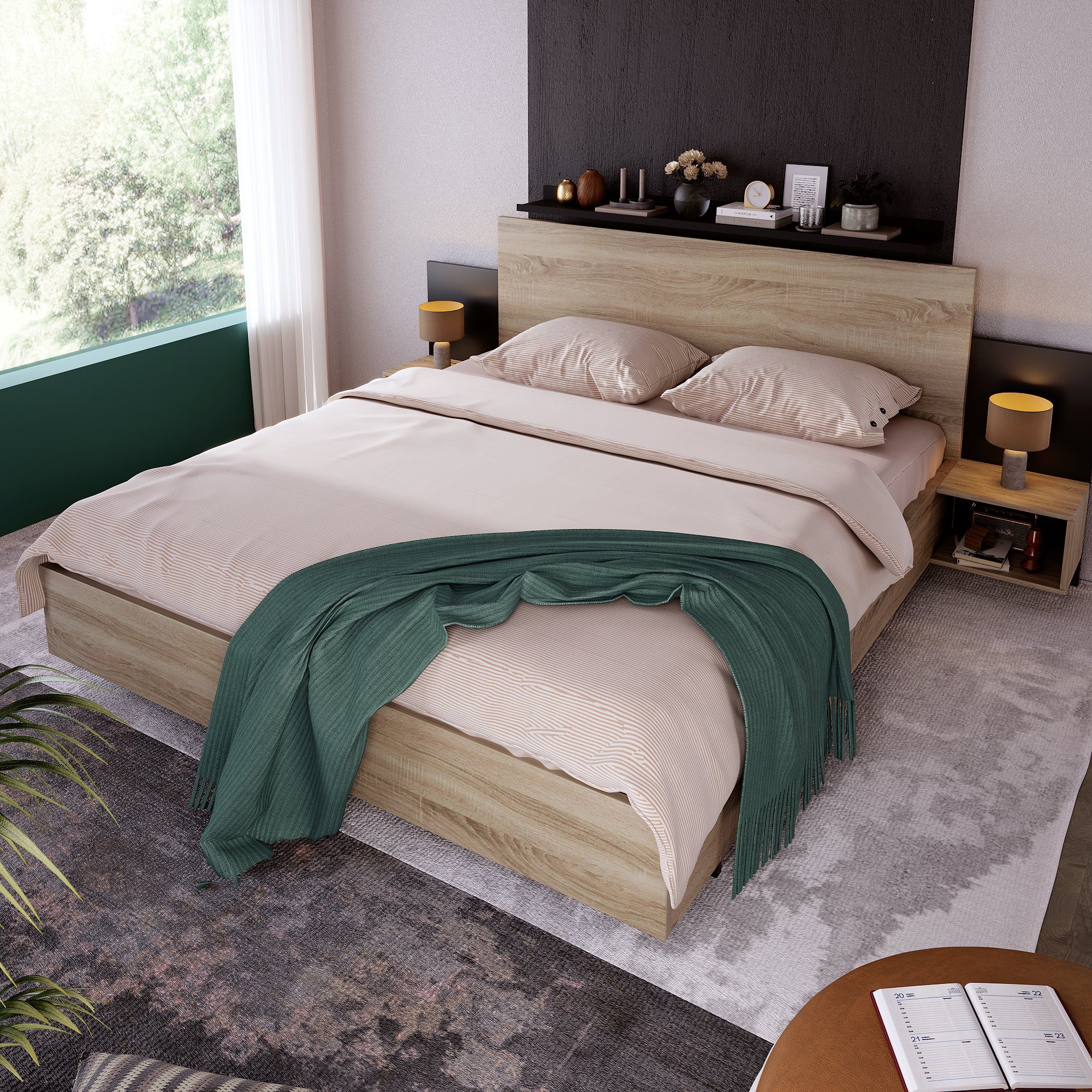 Flieks Massivholzbett, Stauraumbett Doppelbett Bettanlage 160x200cm mit 2 Nachttische