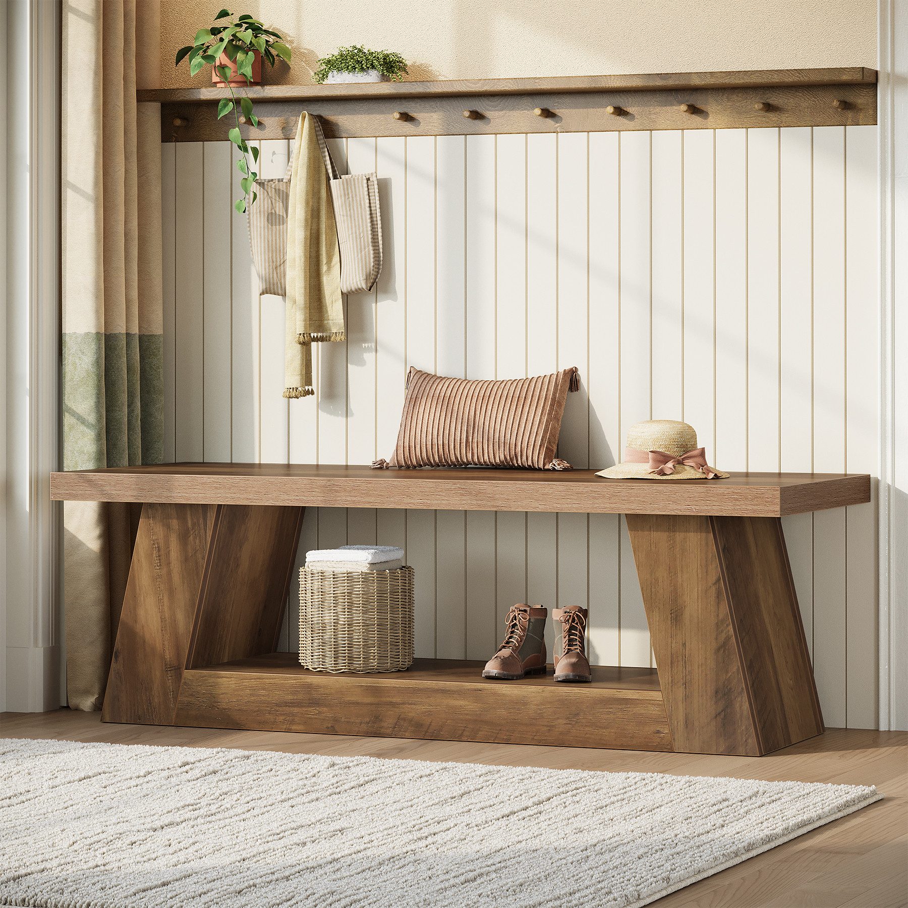 Tribesigns Schuhbank 160 cm lange Holzbank für den Eingangsbereich mit Ablage (160 x 35 x 45 cm für Flur, Wohnzimmer, Schlafzimmer und Küche), rustikale, extra lange Bank, schmale Sitzbank mit zwei Ebenen