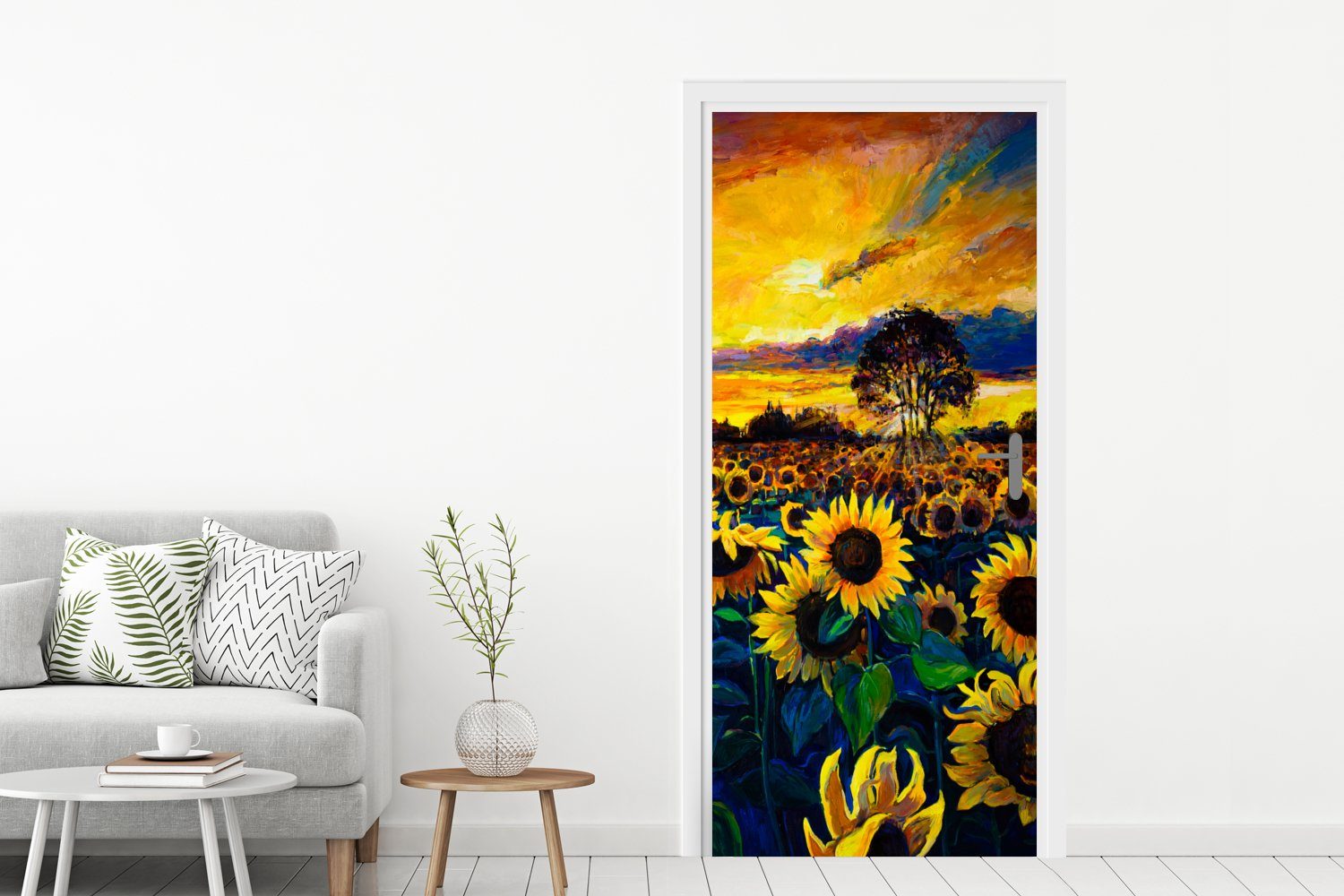 cm 75x205 Matt, Fototapete Türtapete St), bedruckt, Gemälde für Blumen Tür, Türaufkleber, - - (1 Ölfarbe - Sonnenblume, MuchoWow