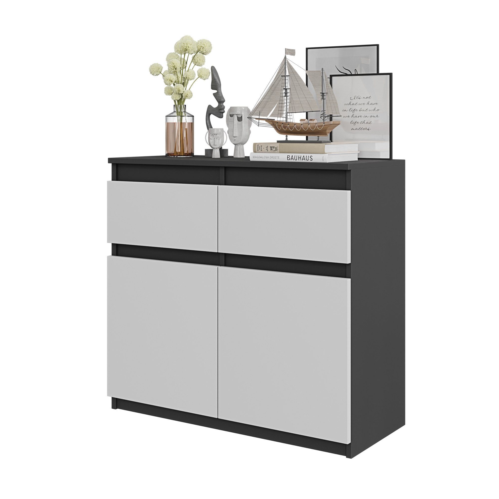 Furnica Kommode NOAH 2 Schubladen und 2 Türen - Anthrazit Grau H75cm B80cm T35cm