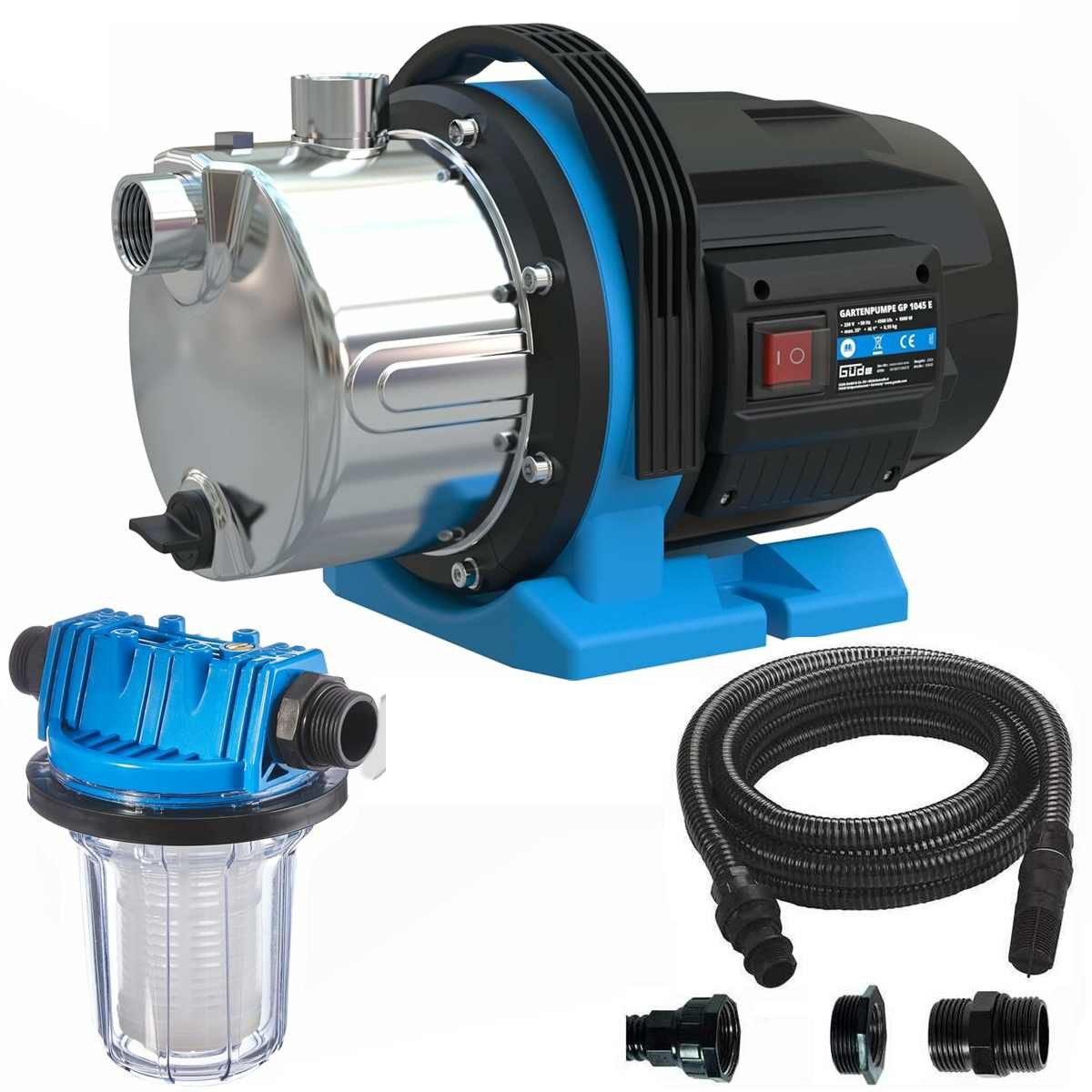 Güde Akku-Gartenpumpe Gartenpumpe GP 1045 E 1000 W, 4500 l/h, Wasserfilter Saugschlauch