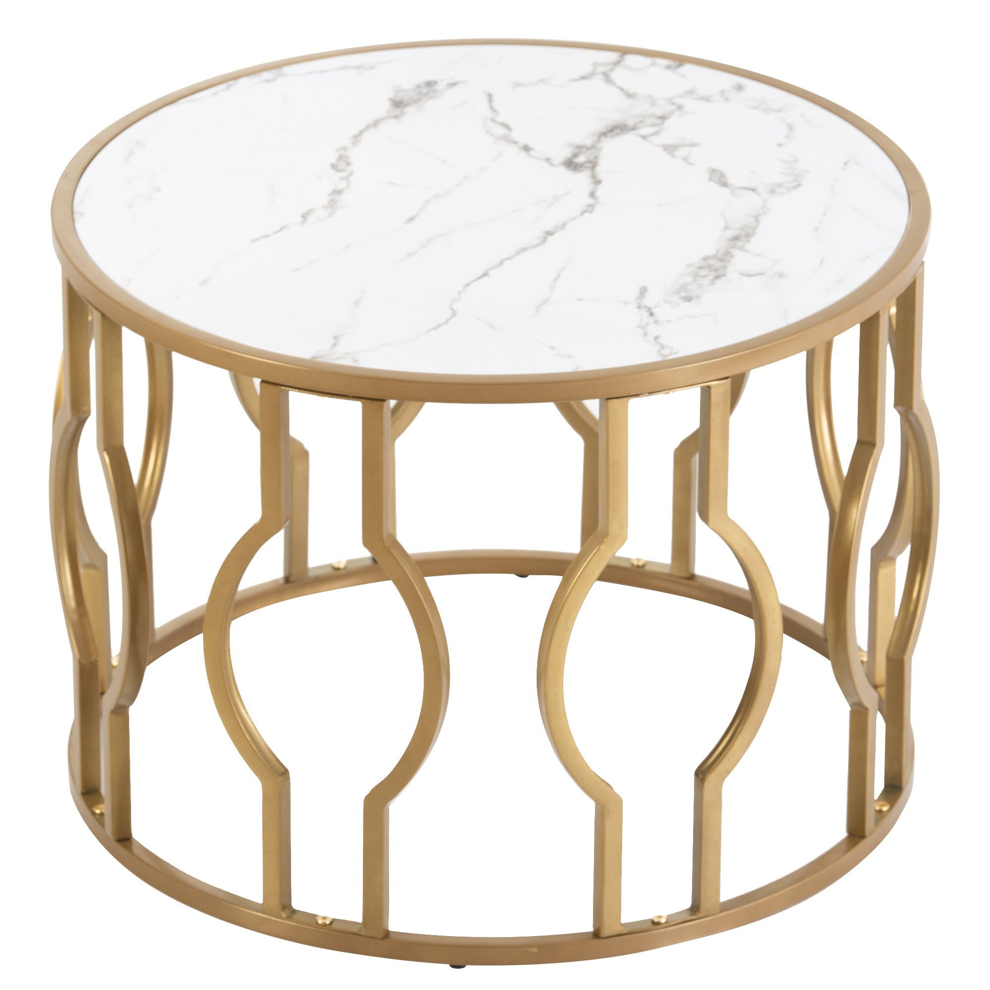 Ulife Couchtisch Runder Beistelltisch mit goldenen Metallbeine (Packung, 1 Tisch), Tischplatt mit Marmormuster, Beine mit geschwungenem Design