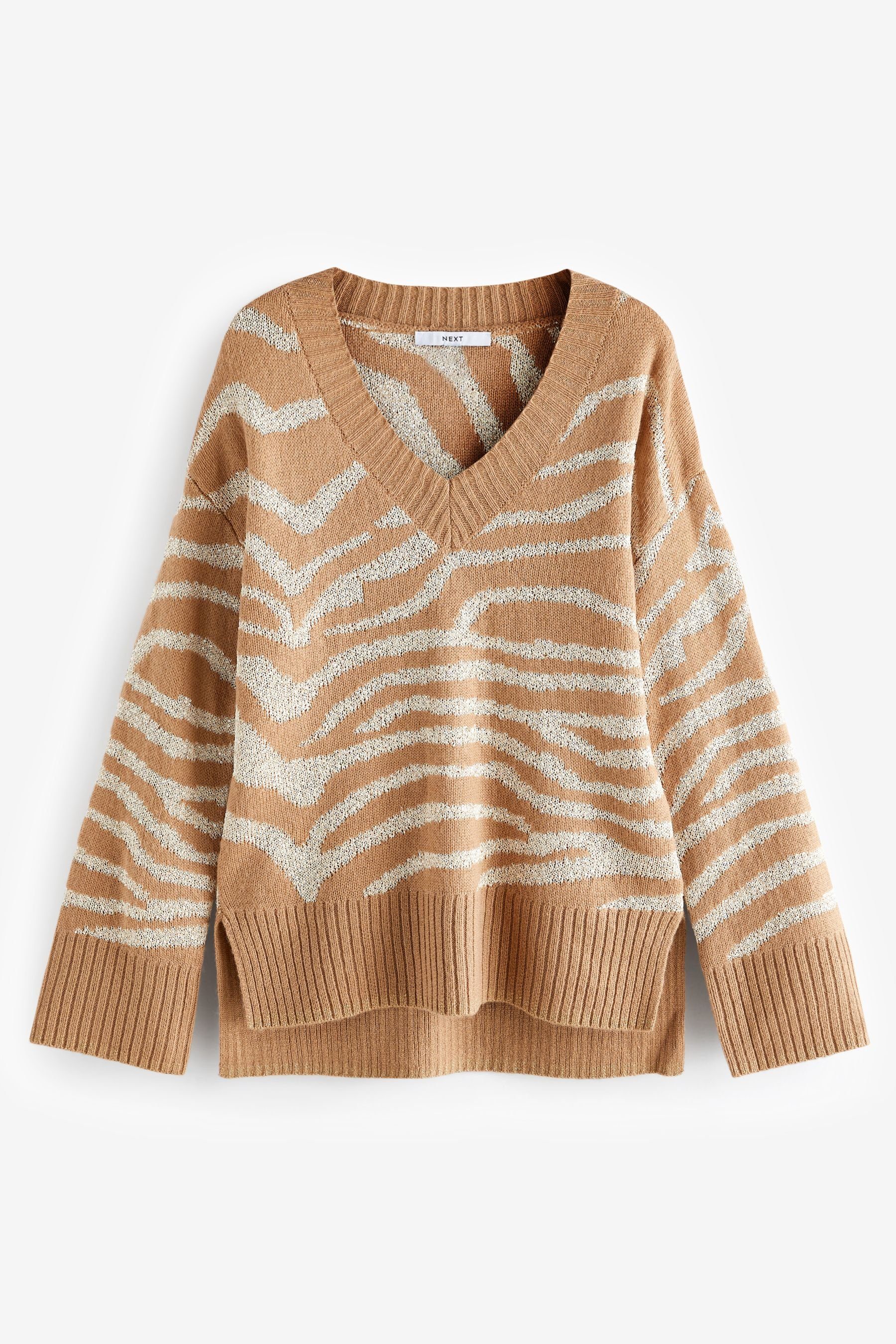 Next (1-tlg) und mit Pailletten Strickpullover Zebramuster Brown Pullover Camel