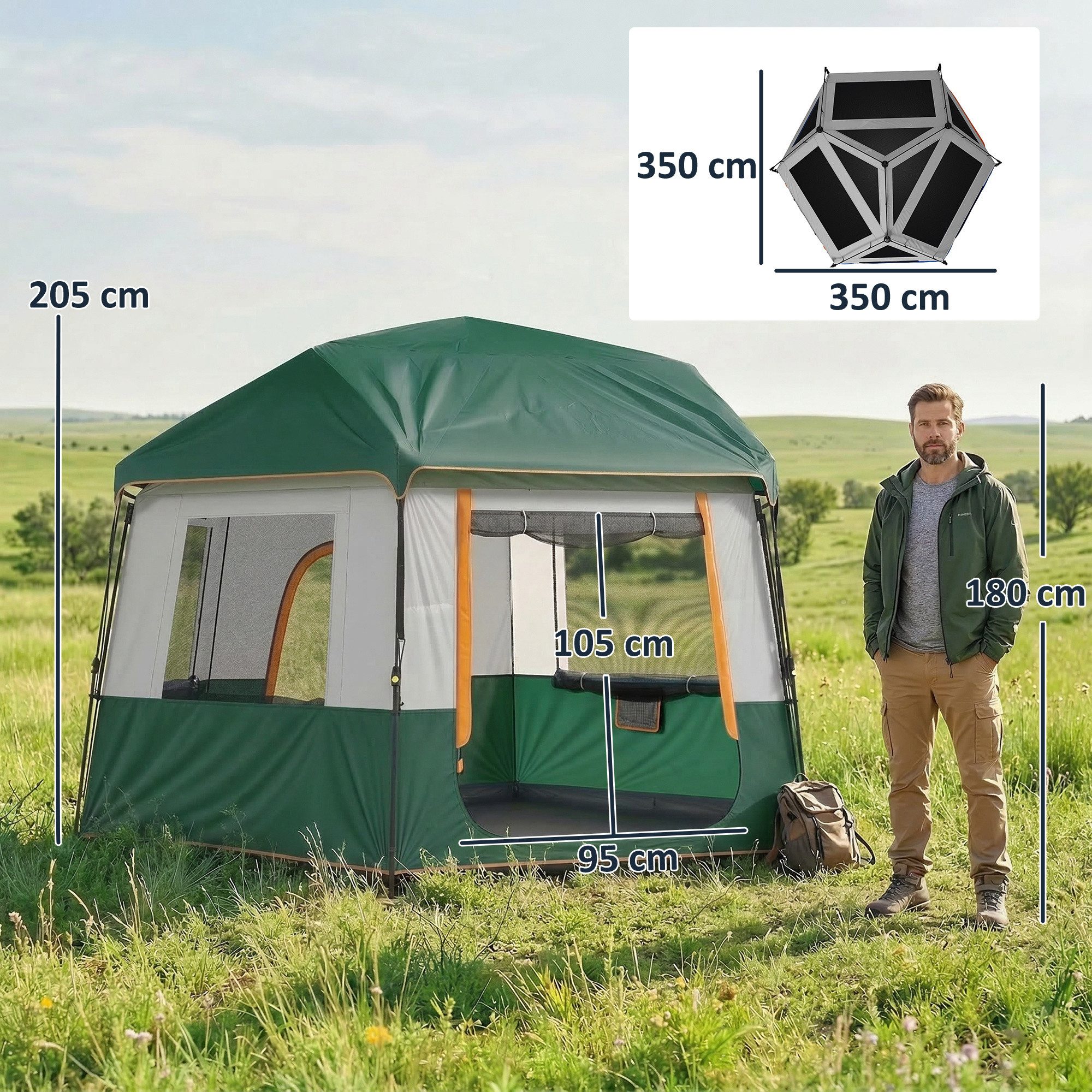 Outsunny Kuppelzelt stabil wasserdicht mit Tragetasche 3000mm Wassersäule Tunnelzelt, Personen: 6 (Campingzelt, 1 tlg., Familienzelt), mit UV30+ Schutz Grün