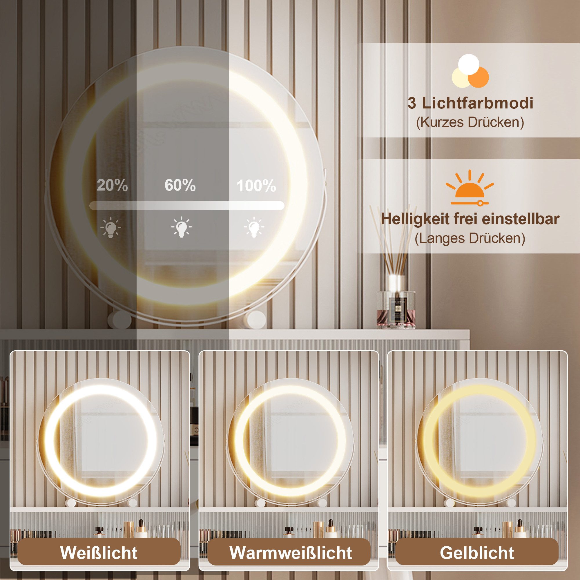 i@home Schminktisch mit LED-Spiegel (1 Schminktisch mit LED-Spiegel), Praktische Anschlüsse, Glasplatte, Weiß, 120 (verstellbar) *40 *140 cm