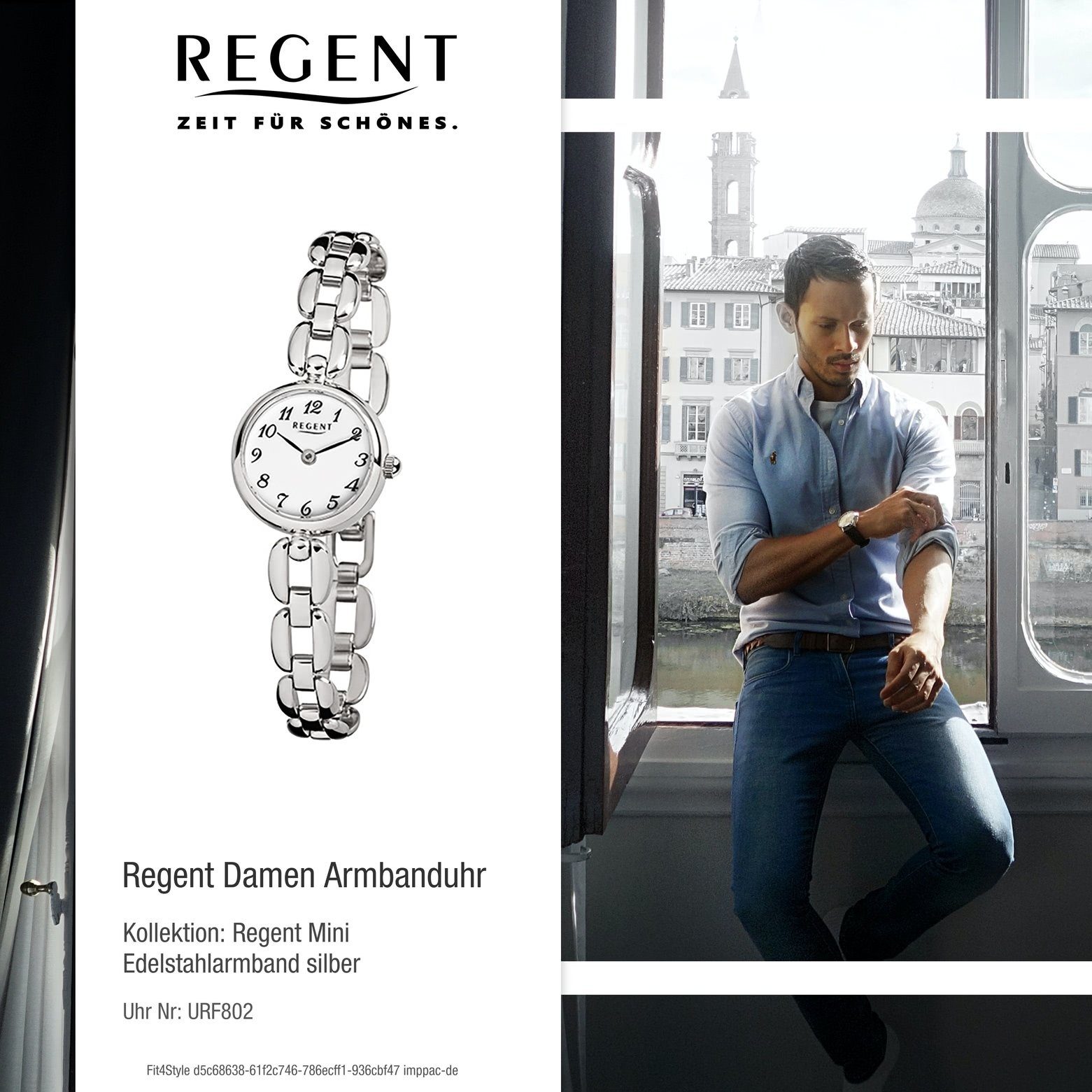 Regent Quarzuhr Regent Damen-Armbanduhr silber (ca. klein rund, Armbanduhr 20mm), F-802, Edelstahlarmband Analog Damen