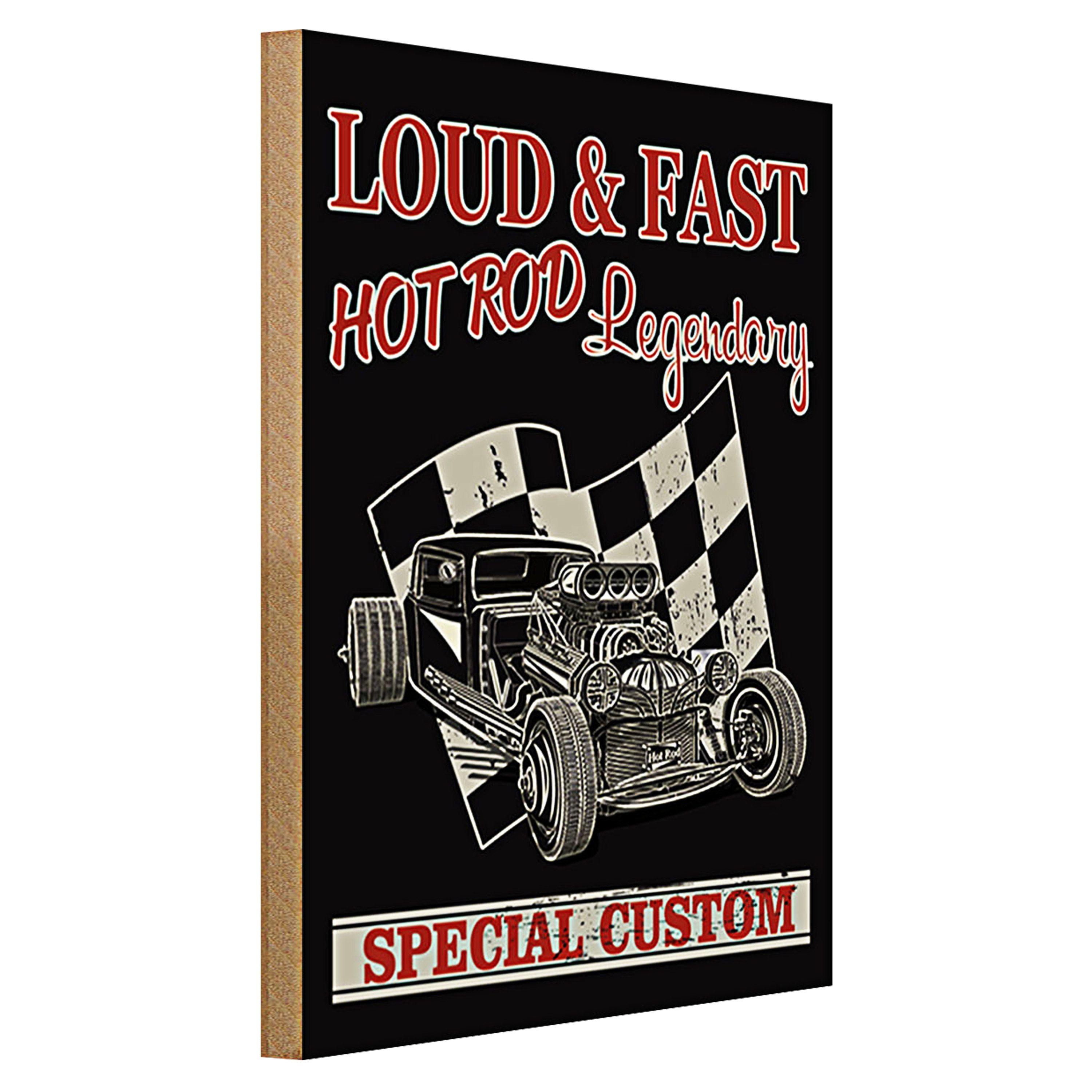 Roomando Holzbild Auto 30x40cm loud & fast hot rod legendary