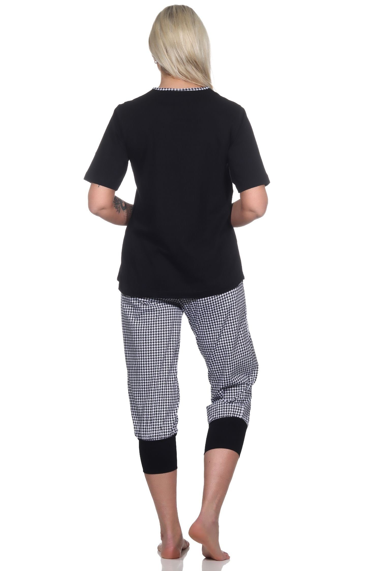 Damen Pyjama kurzarm Übergrößen im in Normann Pepita-Look, Schlafanzug auch Capri schwarz