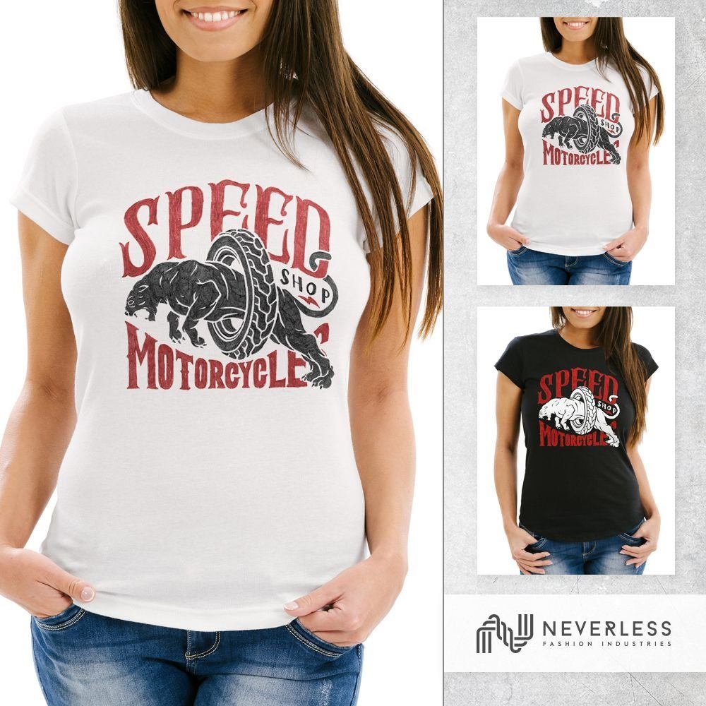 Fit T-Shirt Motorrad Neverless Print Biker Slim mit Damen Neverless® Retro schwarz Print-Shirt Vintage
