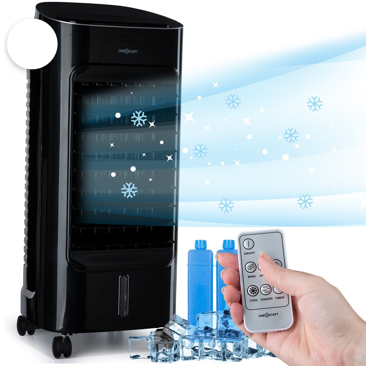& Abluftschlauch 4-in-1-Luftkühler, mit ONECONCEPT Coolster Ventilatorkombigerät Wasserkühlung Schwarz Eis mobil Klimagerät ohne