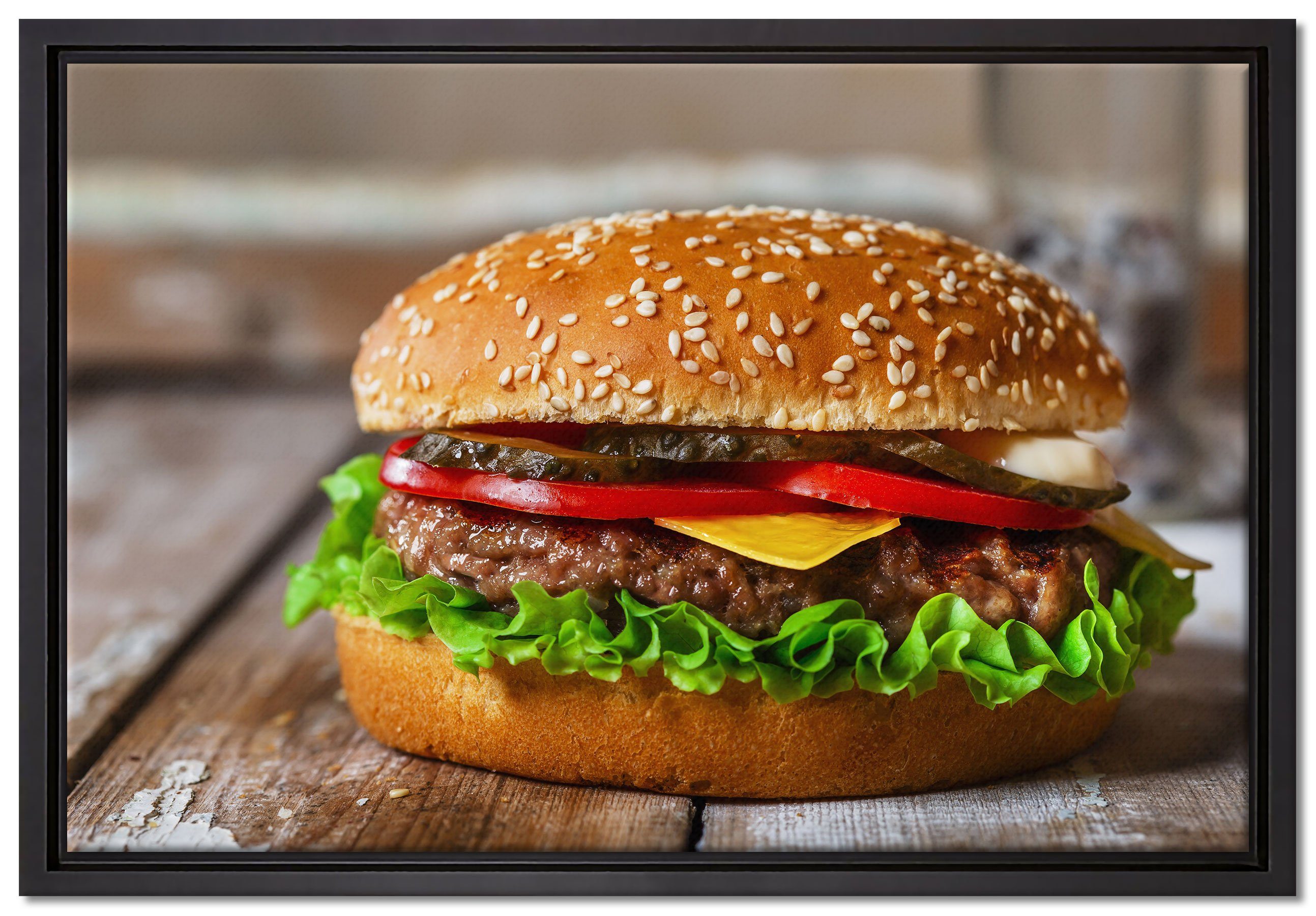 Pixxprint Leinwandbild Burger mit Tomaten, Wanddekoration (1 St), Leinwandbild fertig bespannt, in einem Schattenfugen-Bilderrahmen gefasst, inkl. Zackenaufhänger