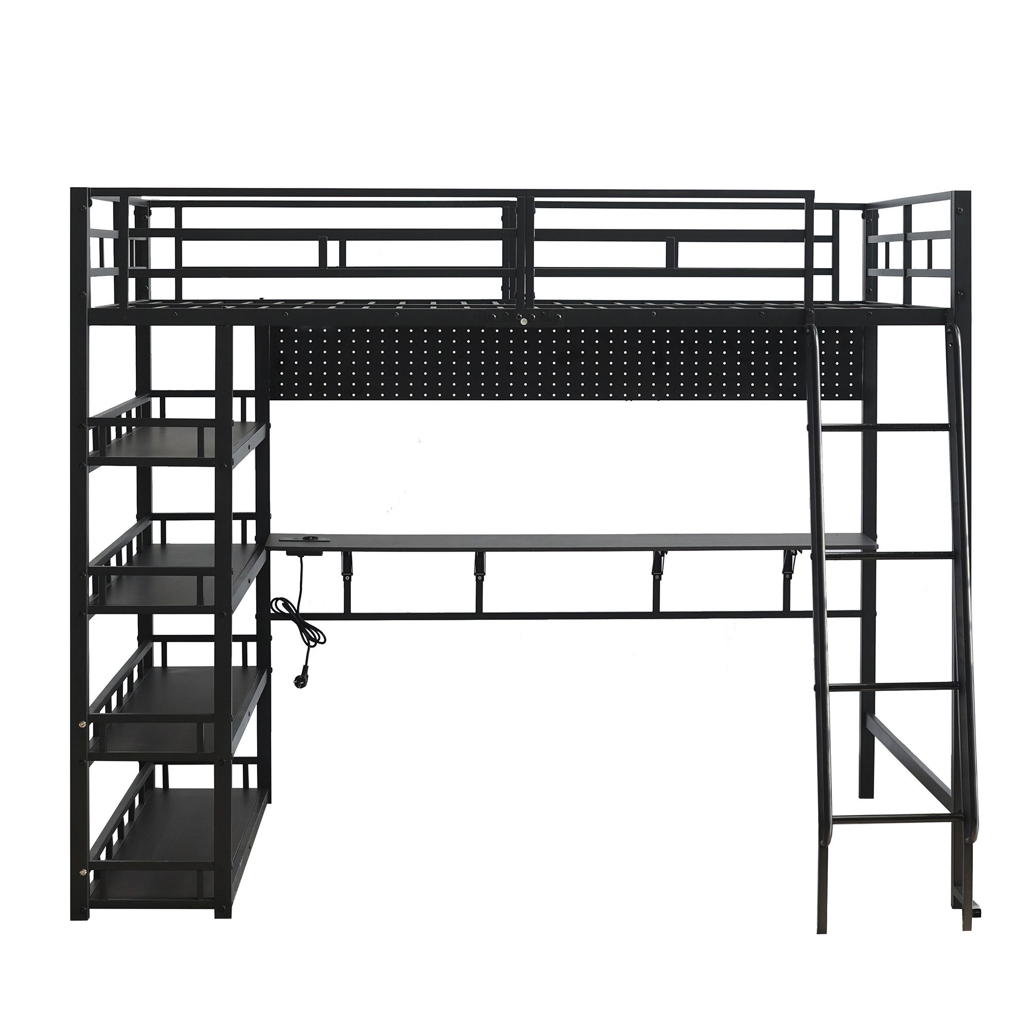 Odikalo Loft Bed 140x200 Metal Bed with Desk & Storage (Iron Bed, Children's Bed, Youth Bed, With Shelves and Plenty of Storage Space, Equipped with Charging Port, Four-Step Slanted Ladder, Can Hang Items, Iron + Chipboard, Black, 140x200cm)