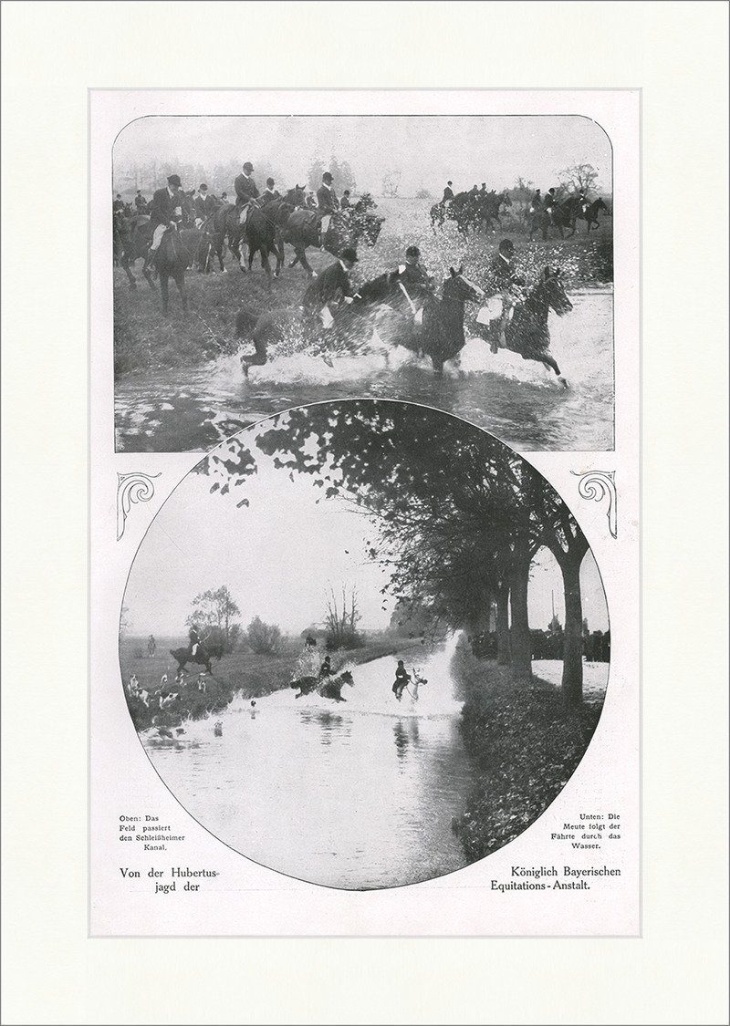 Kunstdruck Hubertusjagd der kgl. Bayer. Equitations Anstalt 1908 Meute F_Vintage