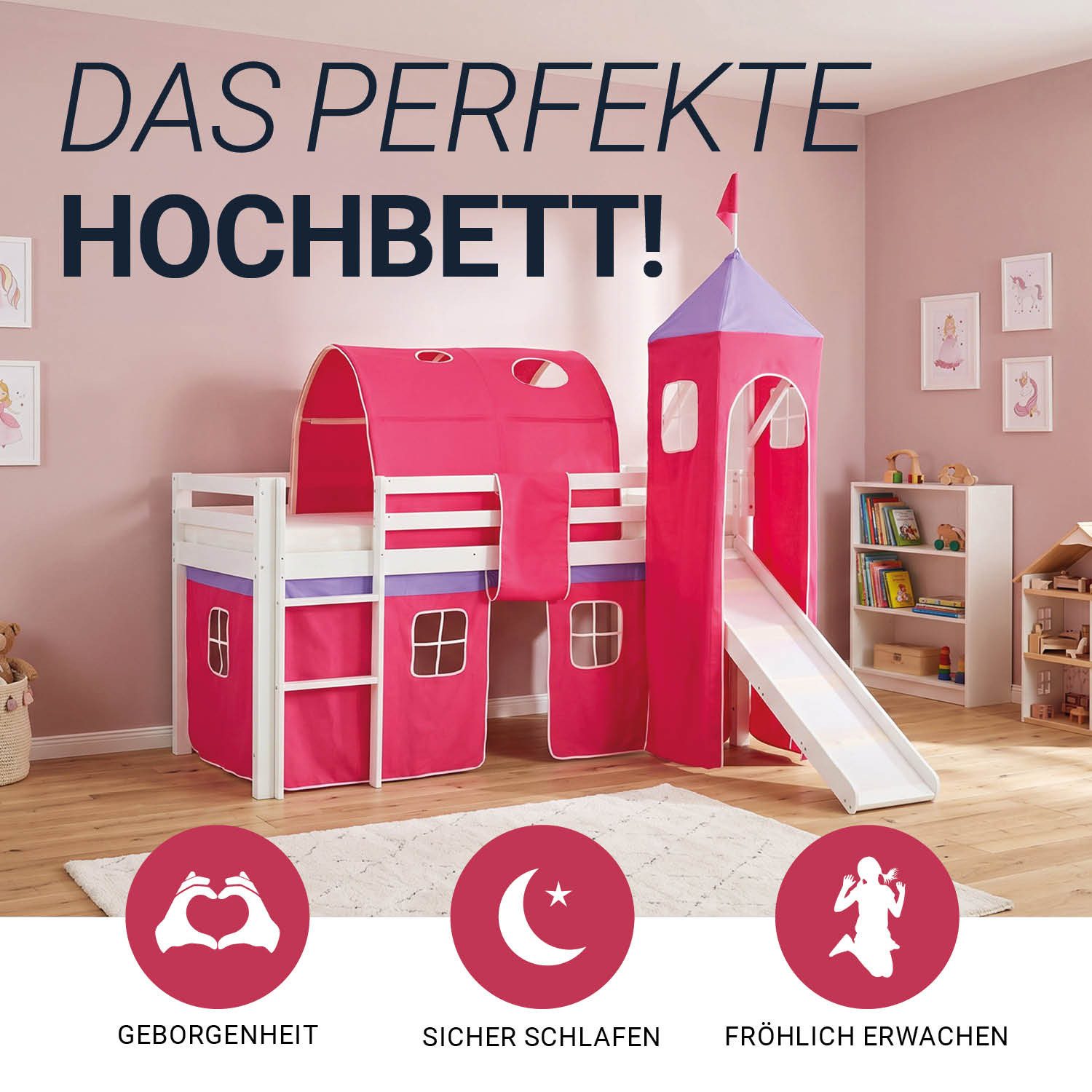 Homestyle4u Hochbett 90x200 cm Kinderbett Weiß mit Vorhang Pink (Komplett-Set mit Lattenrost, mit Rutsche, mit Tunnel, mit Turm, Matratze mit OEKO-TEX® Standard 100) Kiefer, Jungen Mädchen, Spielbett