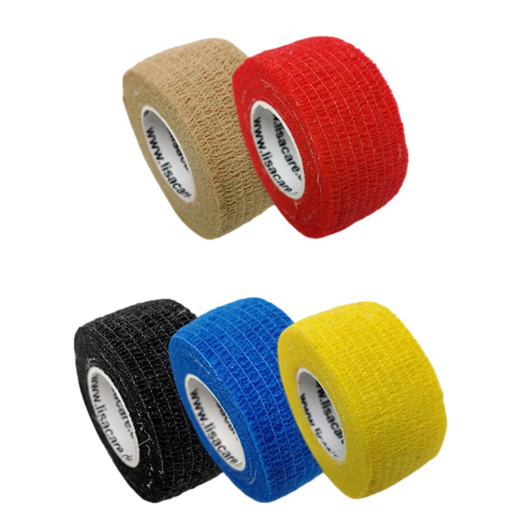 LisaCare Wundpflaster Selbsthaftender Pflasterverband - Fingerpflaster (Farben-Set, 5 St., Rot, Blau, Gelb, Schwarz & Beige / 2,5cm x 4,5m), Fördert die Wundheilung!