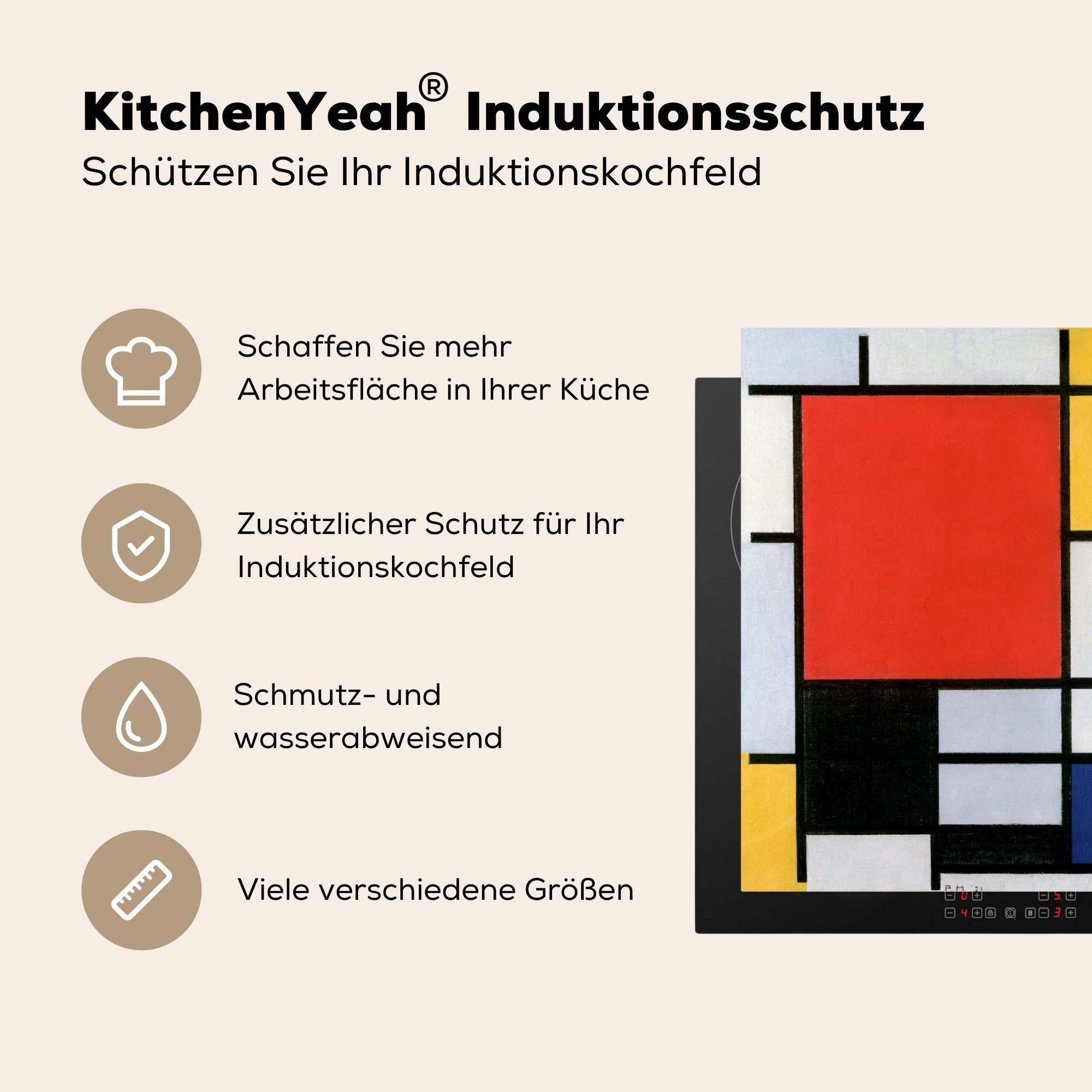 MuchoWow Herdblende-/Abdeckplatte Kunst - Mondrian cm, tlg), Ceranfeldabdeckung Induktionsschutz, Induktionskochfeld, (1 59x51 Meister, - Vinyl, Alte