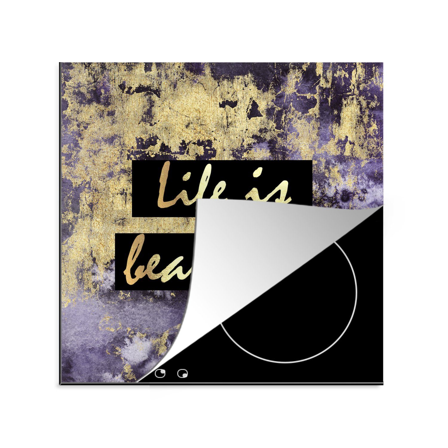 Lila, 78x78 cm, - Leben tlg), Herdblende-/Abdeckplatte Ceranfeldabdeckung, Vinyl, - Arbeitsplatte küche MuchoWow für Zitat (1 Gold -