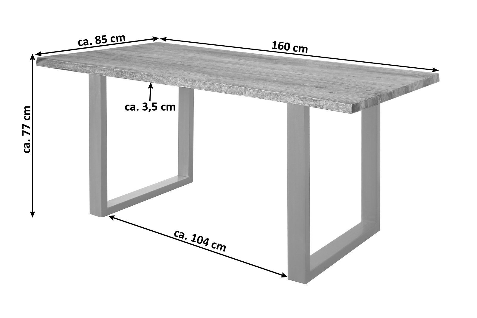 Baumkante Baumkantentisch Radom, Sheeshamholz, U-Form massiv, naturfarben, SAM® Metallgestell