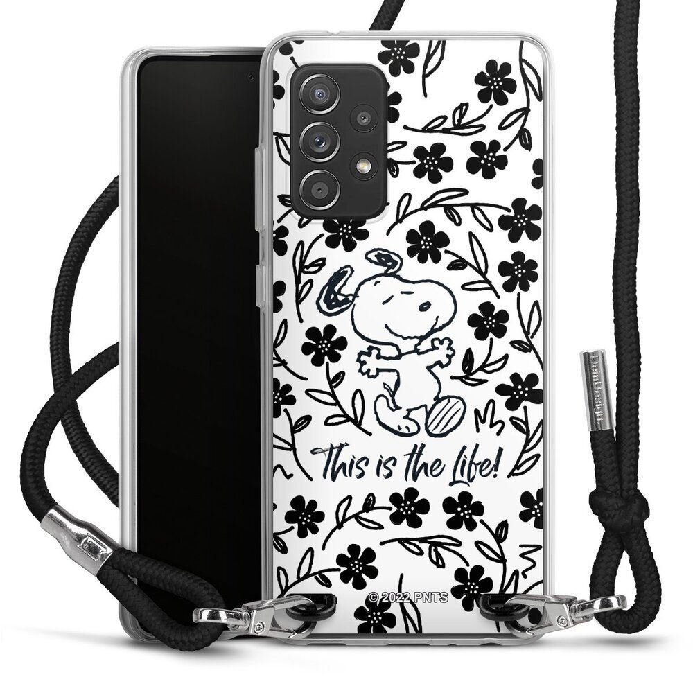 DeinDesign Handyhülle Peanuts Blumen Snoopy Snoopy Black and White This Is The Life, Samsung Galaxy A52s 5G Handykette Hülle mit Band Case zum Umhängen