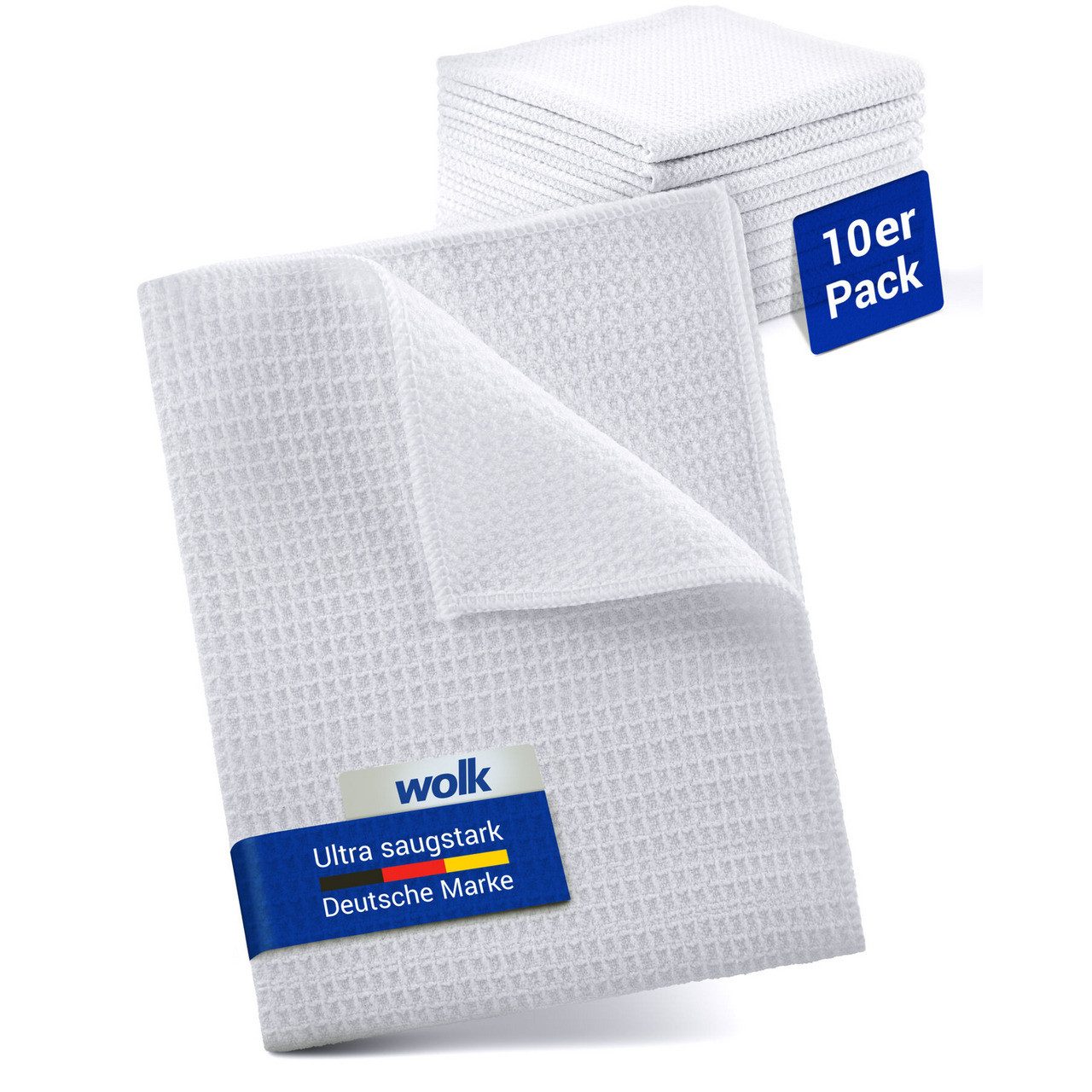 wolk Mikrofasertuch mit Waffelstruktur in weiß - Reinigungstuch (Polyester, 38x38 cm, 10er-Set, hygienisch auf 90° waschbar)