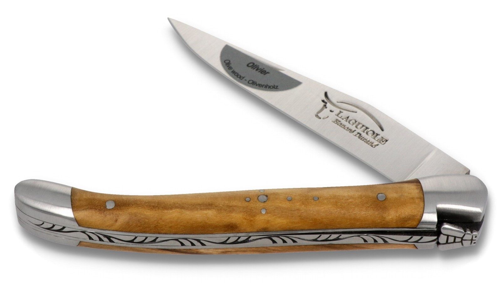 Laguiole Honoré Durand Taschenmesser 1LA111IM2ASM12OLI0, Griff 11 cm Olivenholz - Feder verziert - Stahl satiniert
