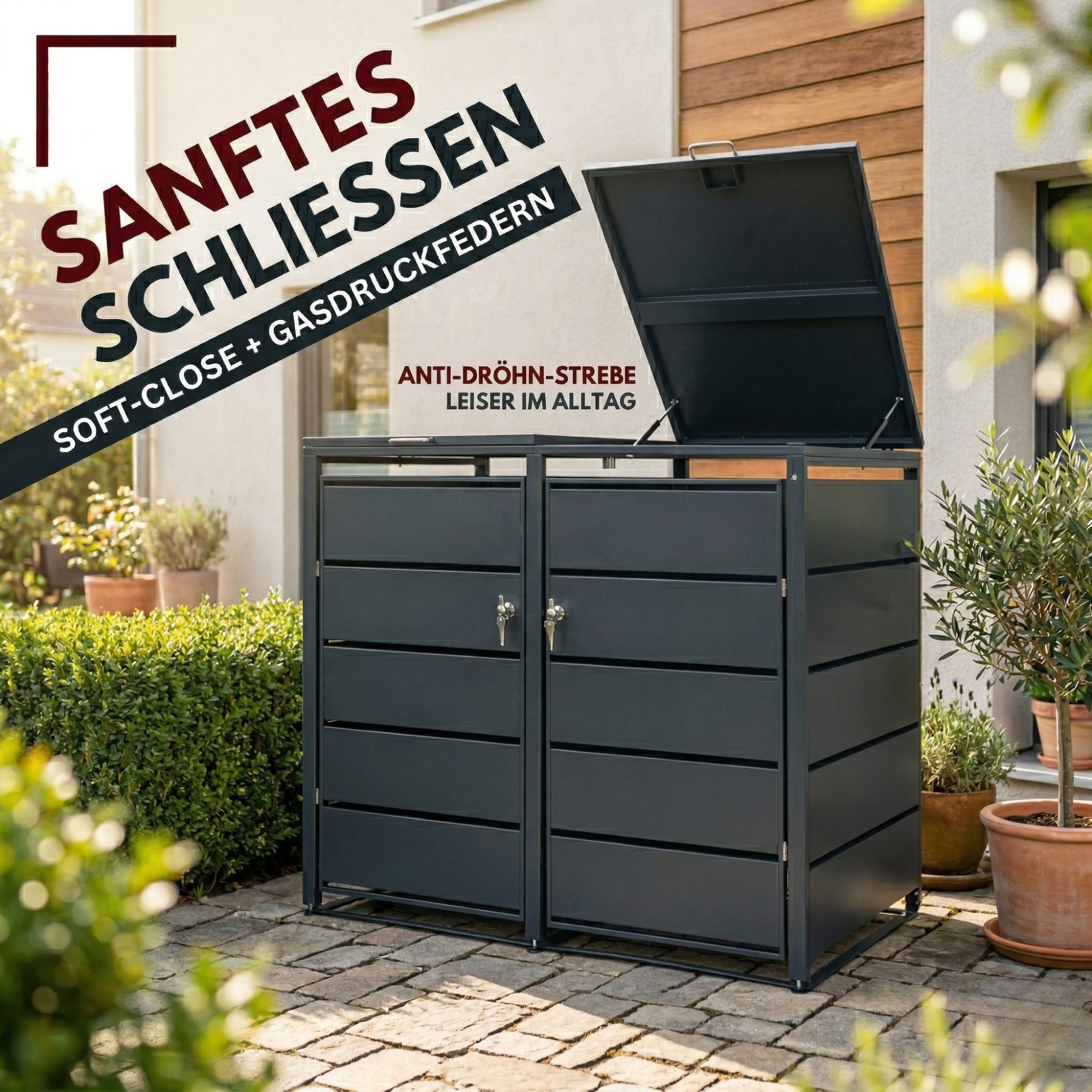 Albatros International Mülltonnenbox Mülltonnenbox 2er Tonne bis 240 Liter Anthrazitgrau RAL 7016 (verzinkter Stahl Premium Dämpfer Aufkleber-Set wetterfest)