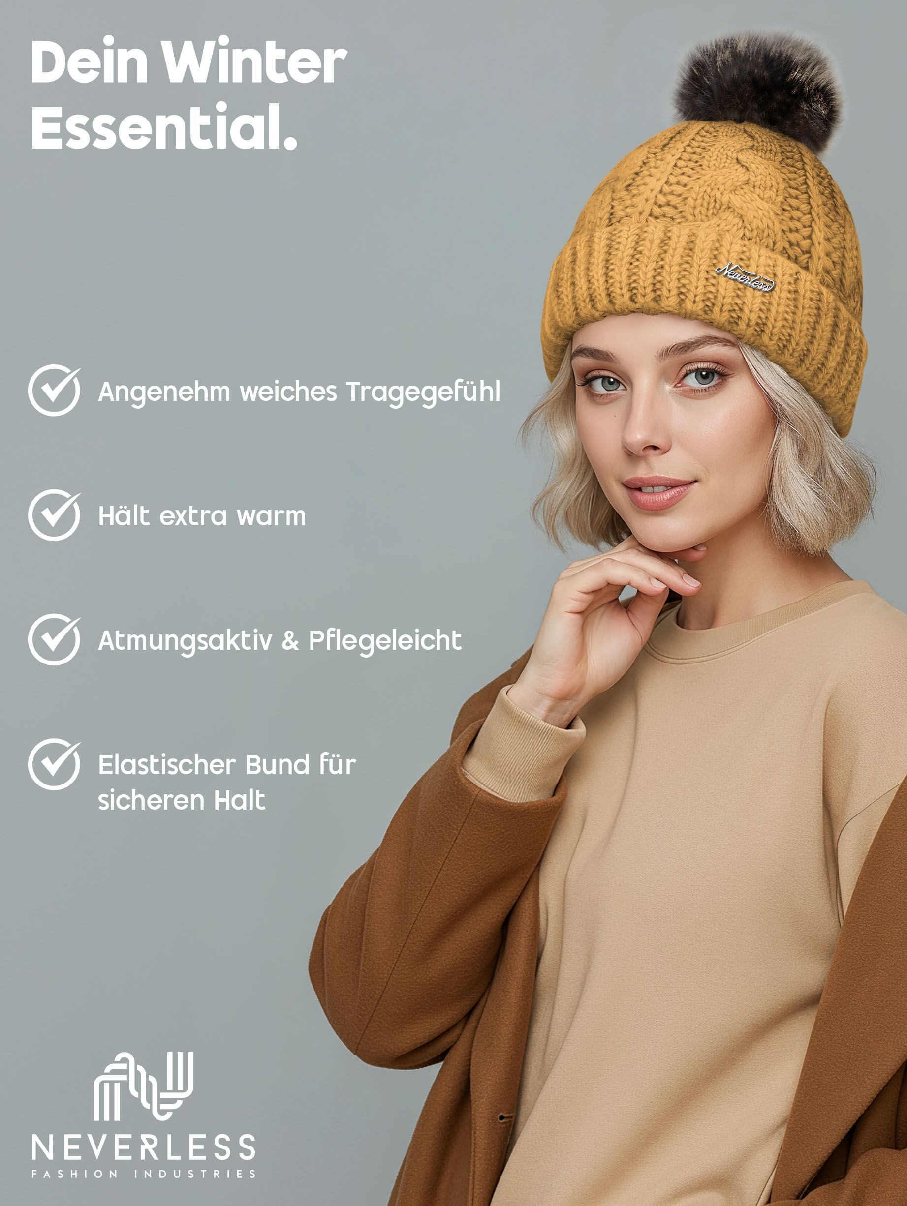 Neverless Bommelmütze Damen Strick-Mütze gefüttert Fell-Bommel günstig online kaufen