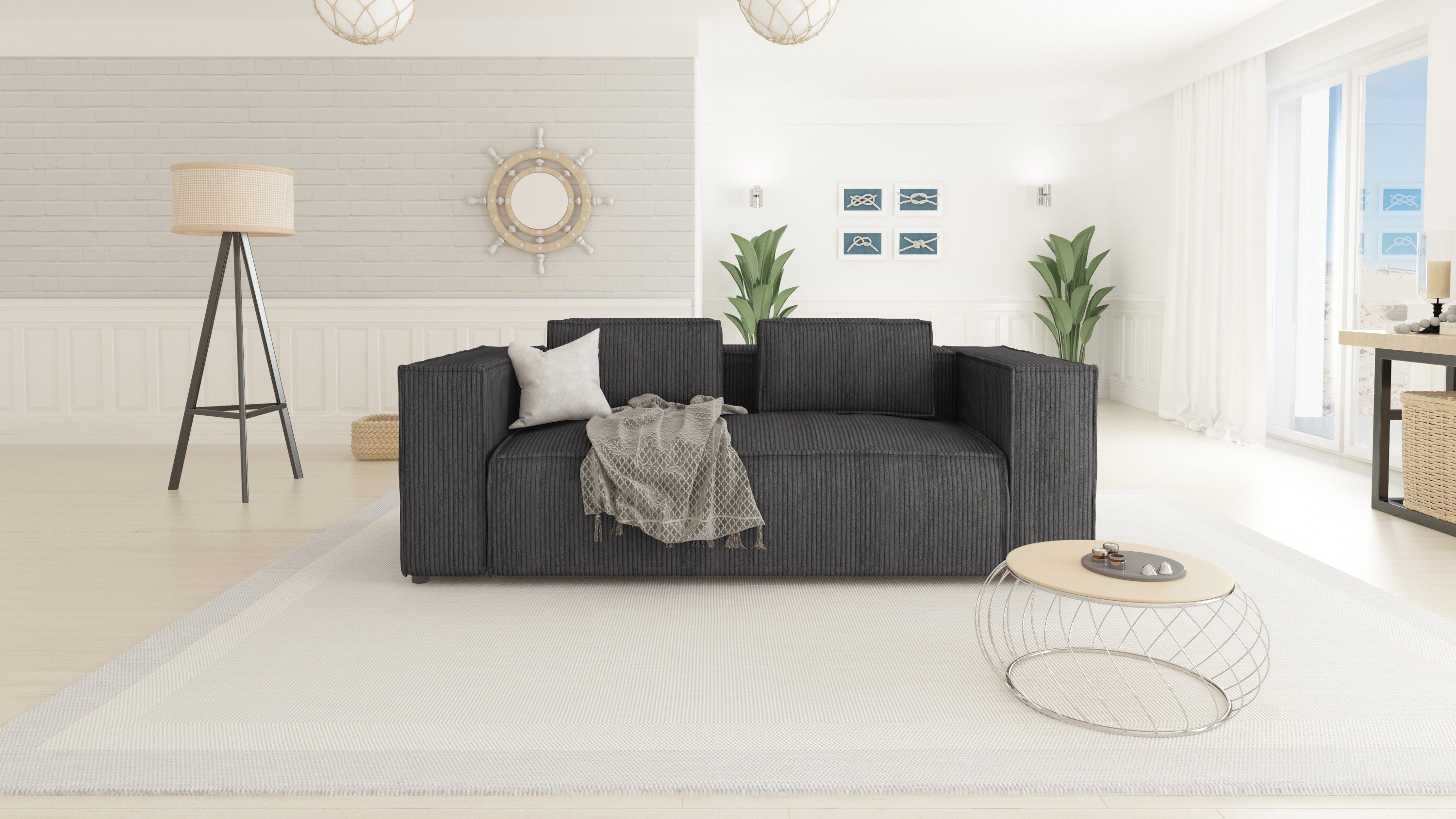 S-Style Möbel 2-Sitzer Grau Cord 1 Wellenfederung Teile, mit Renne, Sofa