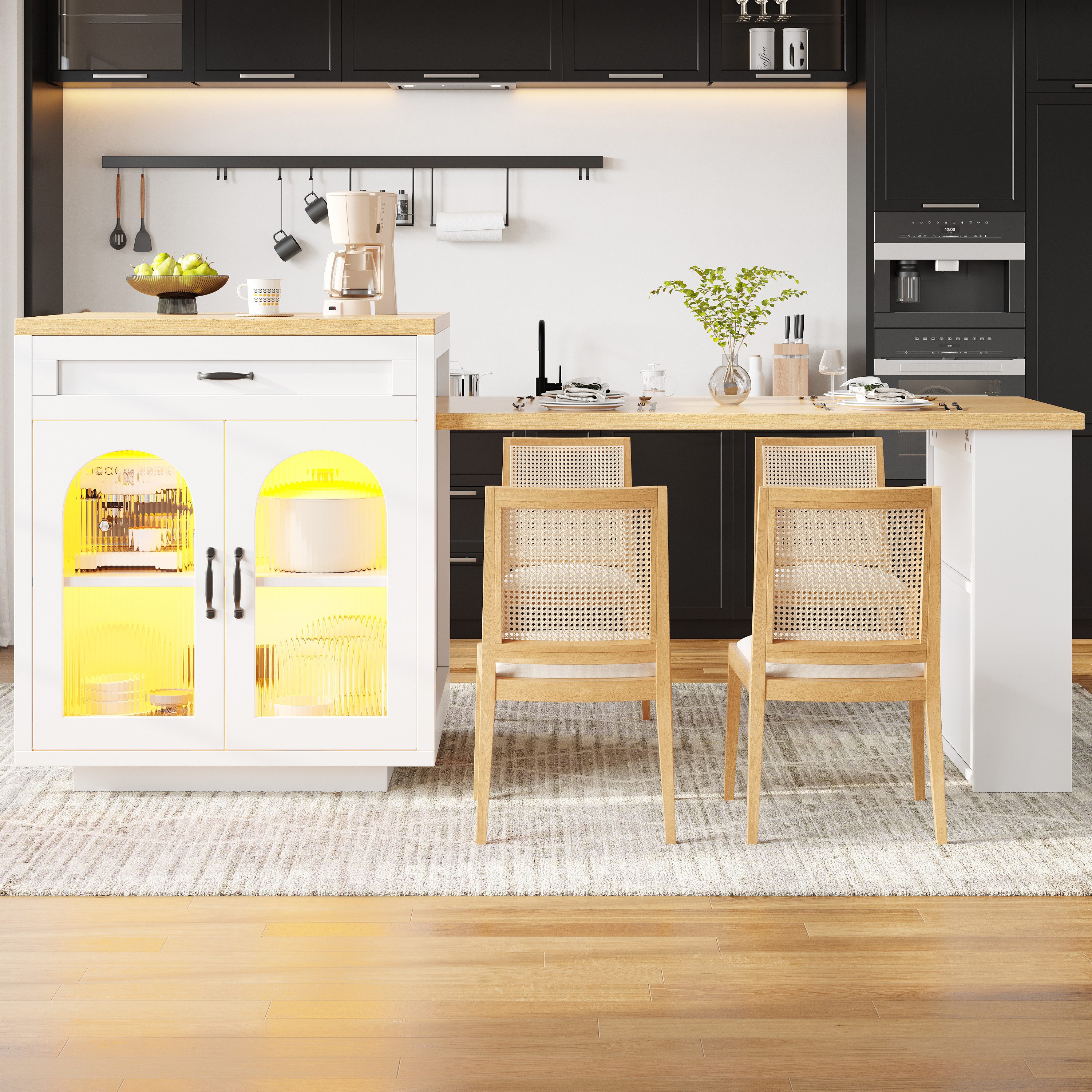 STILVORA Sideboard Kücheninsel Bartisch Ausziehbare Küchenschrank mit LED (Kücheninsel ausziehbar mit LED, ausziehbar, LED RGB (APP), mit 2 Schubladen & Stauraum, bis 60 kg), 80×94 cm, Tischplatte 126–196 cm, MDF+Glas