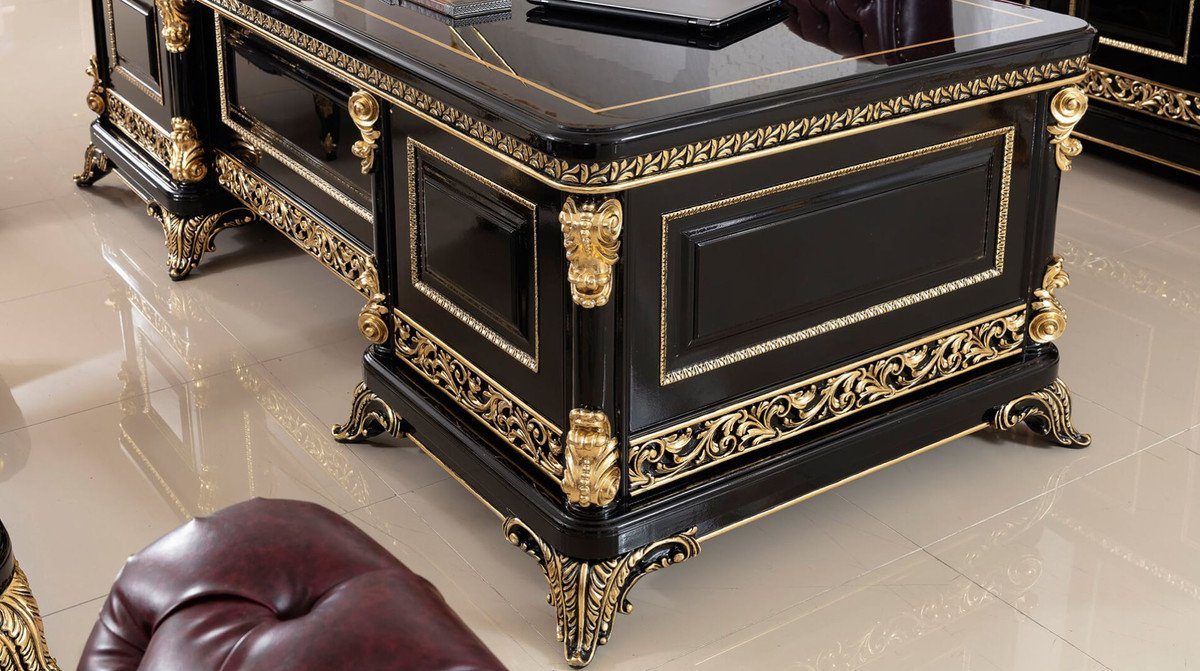 Prunkvolle - Schreibtisch Barock Kunstleder Luxus Gold Chesterfield Bordeauxrot / Padrino Schwarz Büromöbel 1 Bürostuhl Barock 1 Casa mit edlem Barock & - Set Büromöbel / Schreibtisch Barock