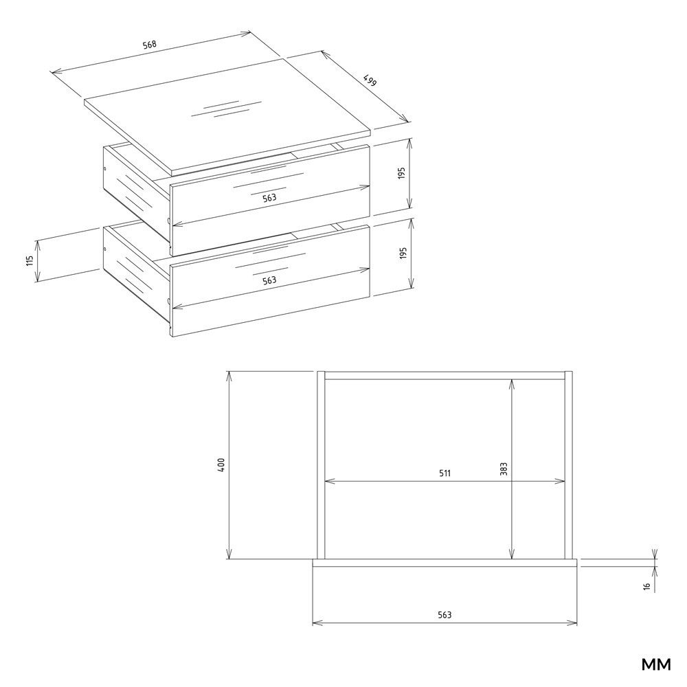 Raumhirsch Furniture Kleiderschrank Schubladenmodul, Schubladenschrank, Schrankmodu (Maße 56,8 x 50 x 40 (H) cm, 2 Schubladen) Modulschrank, 16 mm Plattenstärke
