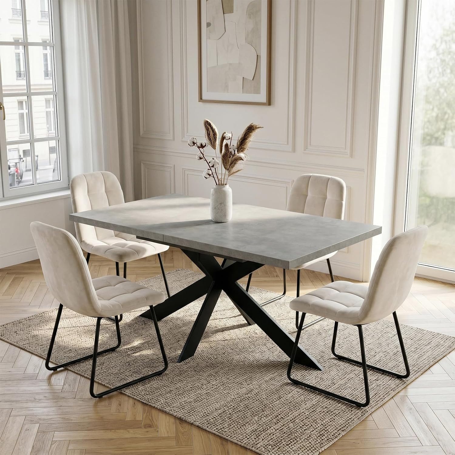 Jiexi Essgruppe Ausziehbare Essgruppe 130-170cm, MDF-Tisch & 4 Samtstühle