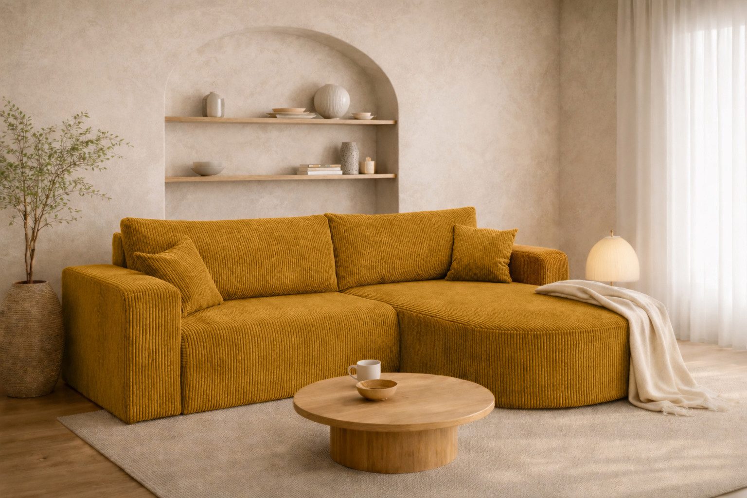 Kaiser Möbel Ecksofa mit Schlaffunktion für Wohnzimmer, Cordstoff Poso, ROUND ONE, abgerundete Form, Liegefunktion, Stauraum, modernes Design