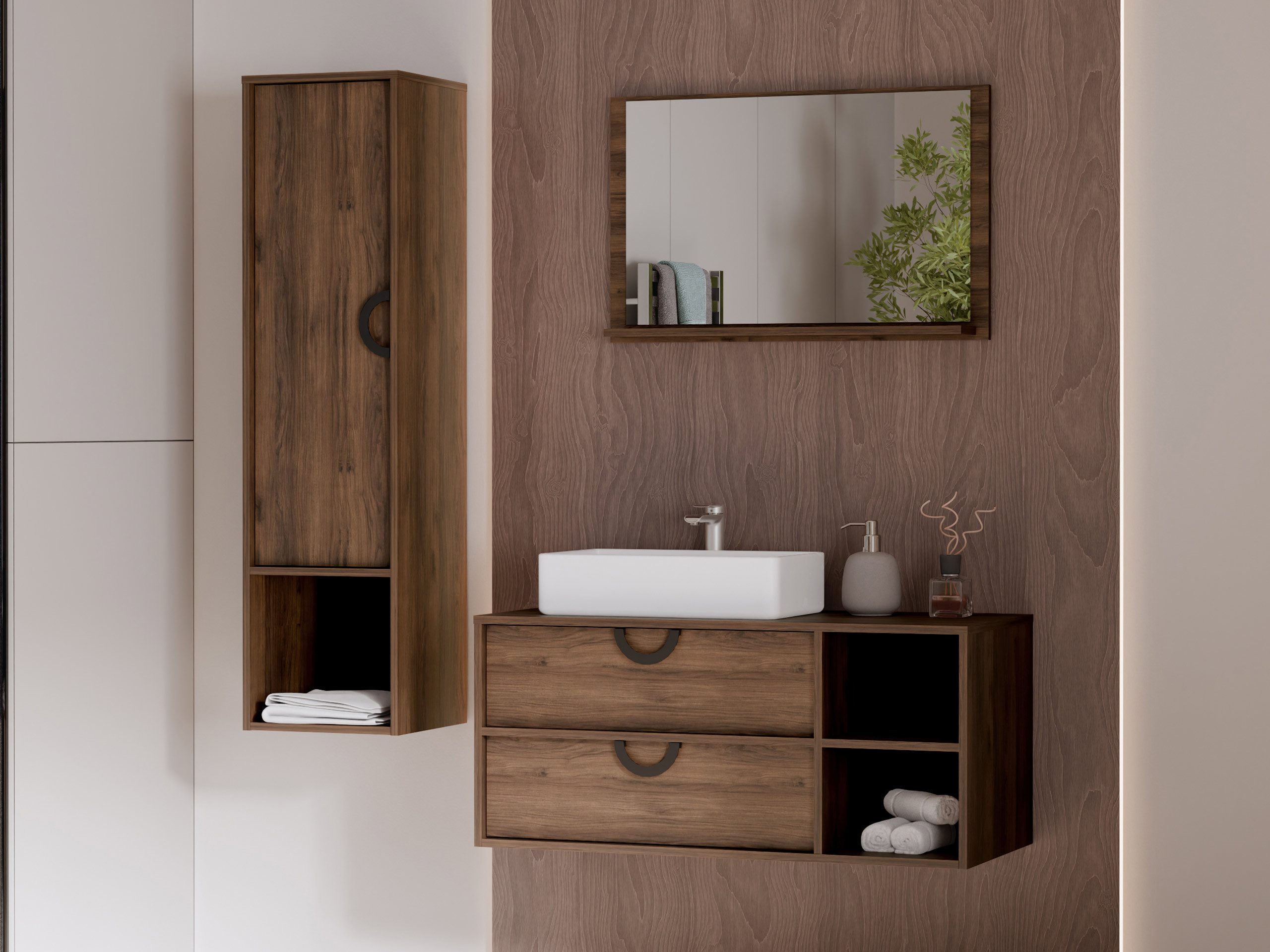 MIRJAN24 Badmöbel-Set 14, (4er-Set, Spiegel, Waschbeckenschrank, Waschbecken, Badezimmerschrank)