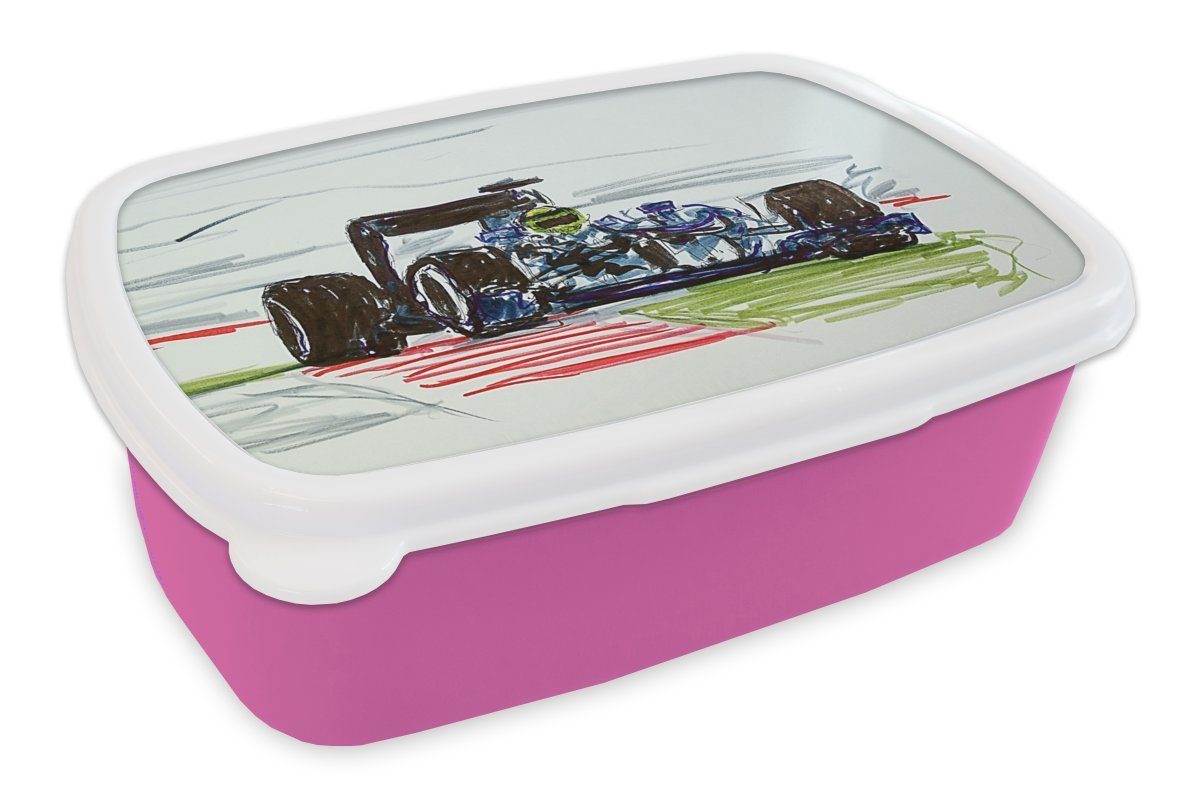 Erwachsene, Snackbox, Illustration (2-tlg), Kunststoff, Kunststoff rosa Eine Mädchen, Formel-1-Rennwagens, Lunchbox eines Brotdose Brotbox MuchoWow für Kinder,