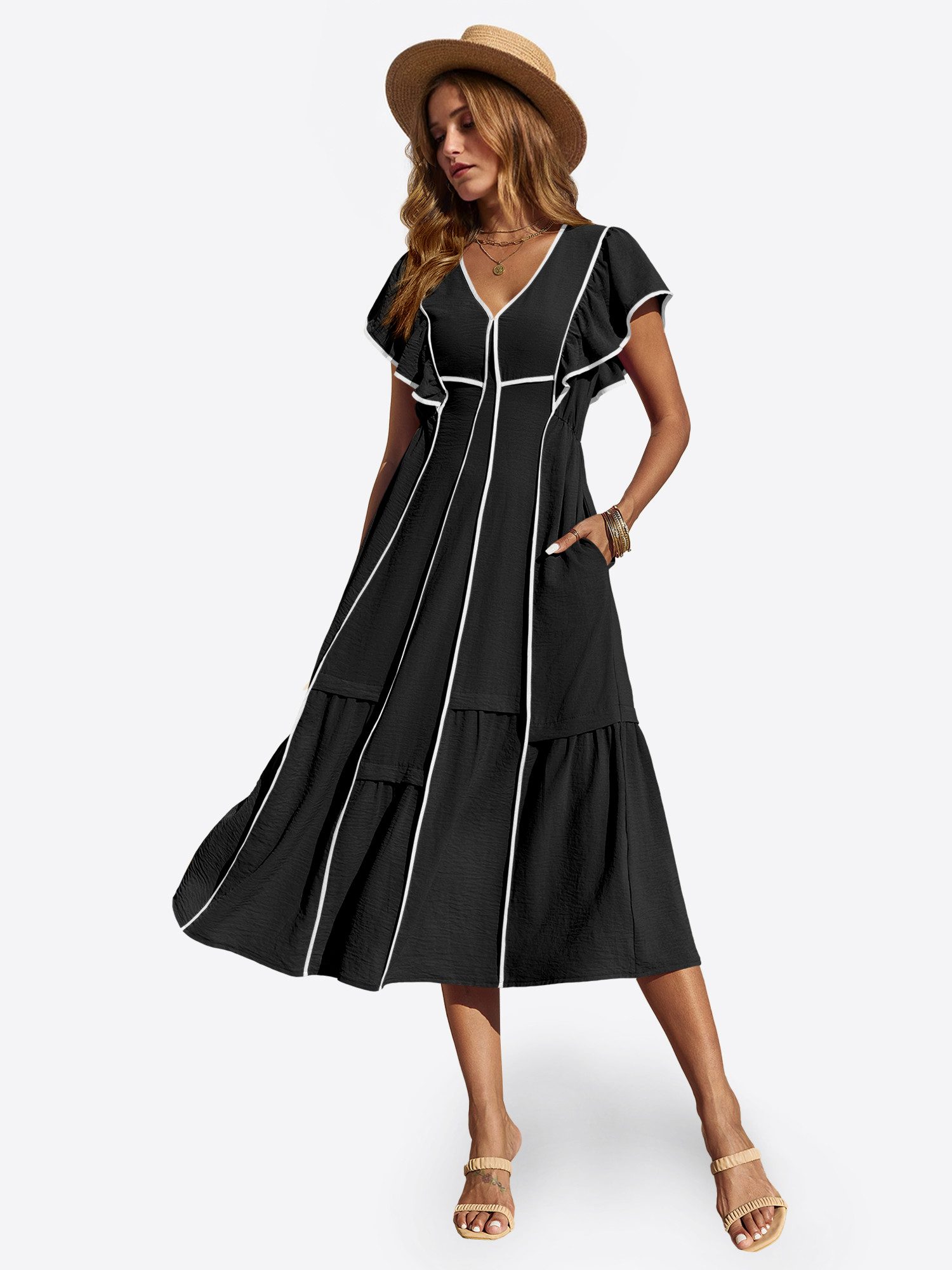 Imily Bela Maxikleid Damen Langkleid mit Rüschen im fließenden Stil (Packung, 1-tlg., 1per-Pack) kontrastfarben