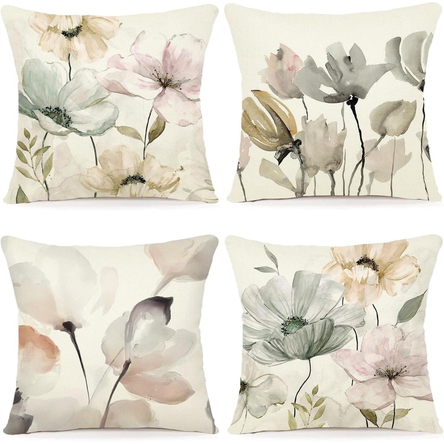 LuxusKollektion Dekokissen Kissenbezug 50x50 4er Blumen Aquarell Leinen A246 50 x 50 cm 4 Stück