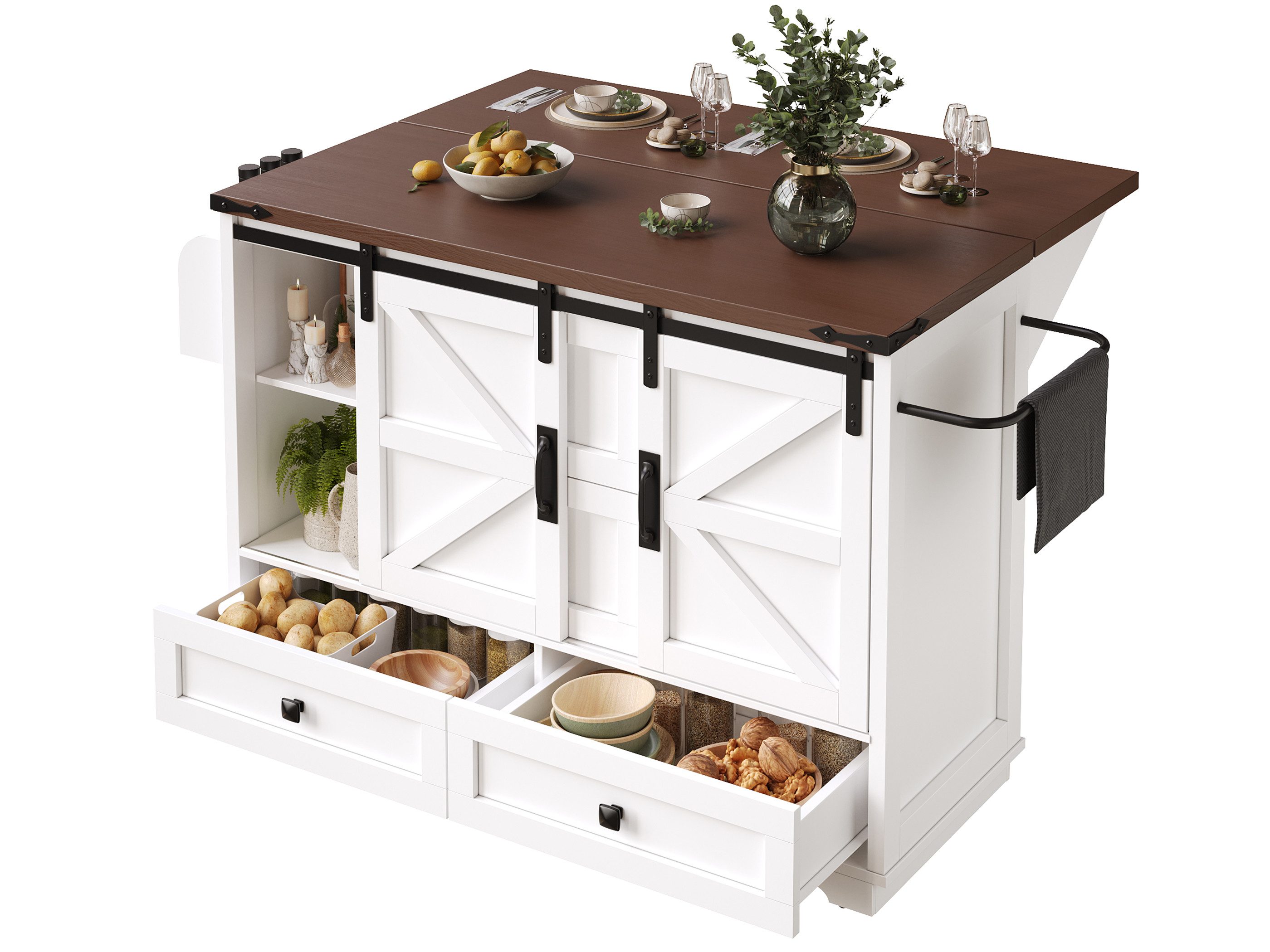 SeedWave Kücheninsel B:142,5cm Servierwagen mit Klappbarer Arbeitsplatte, 2 Schiebetüren, Gewürzboard & Handtuchhalter, 2 feststellbare Rollen