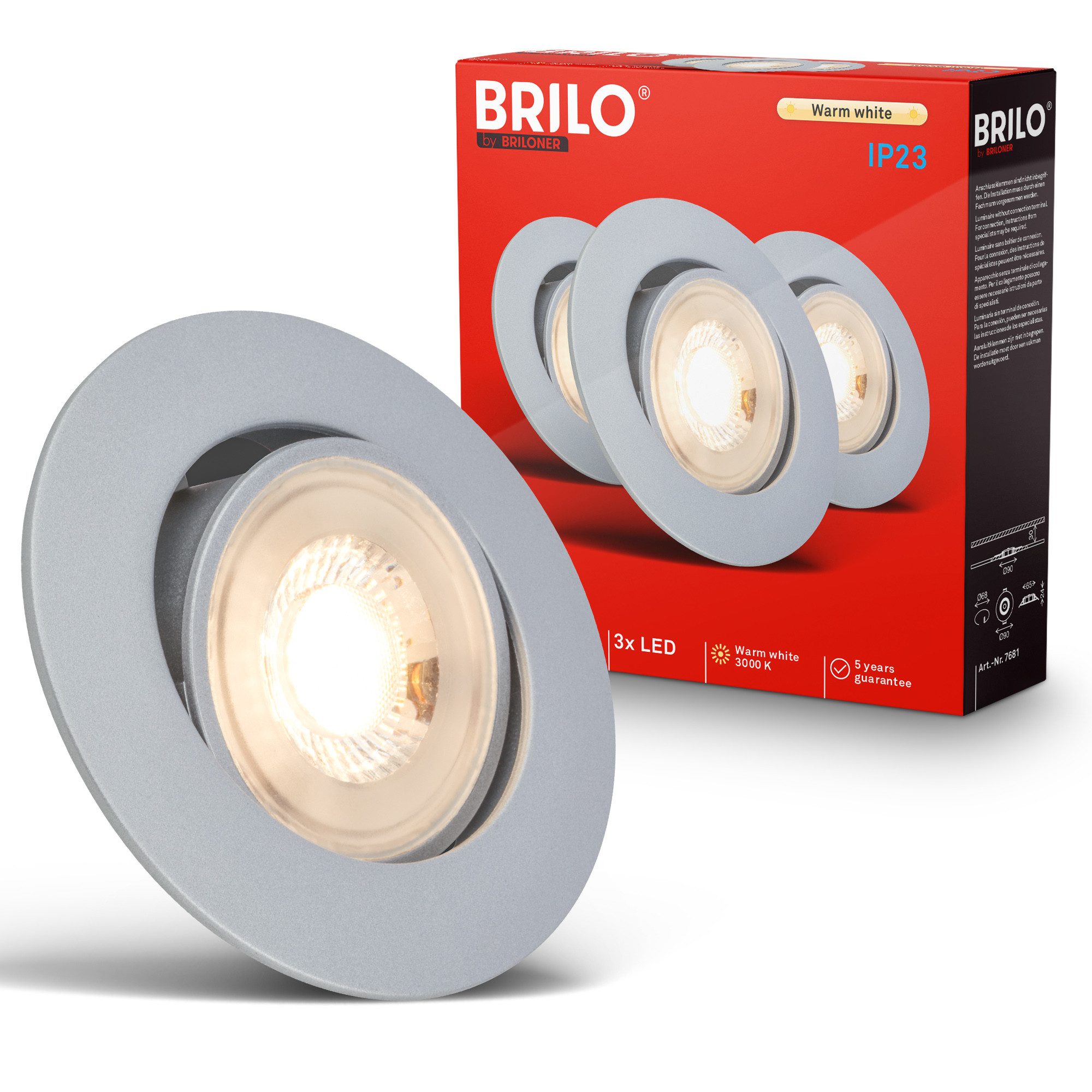 Briloner Leuchten LED Einbauleuchte Einbaustrahler 3er Set Dimmbar Schwenkbar, Standard, LED fest integriert, Warmweiß, 90x24 mm, Wohnzimmer, Flur