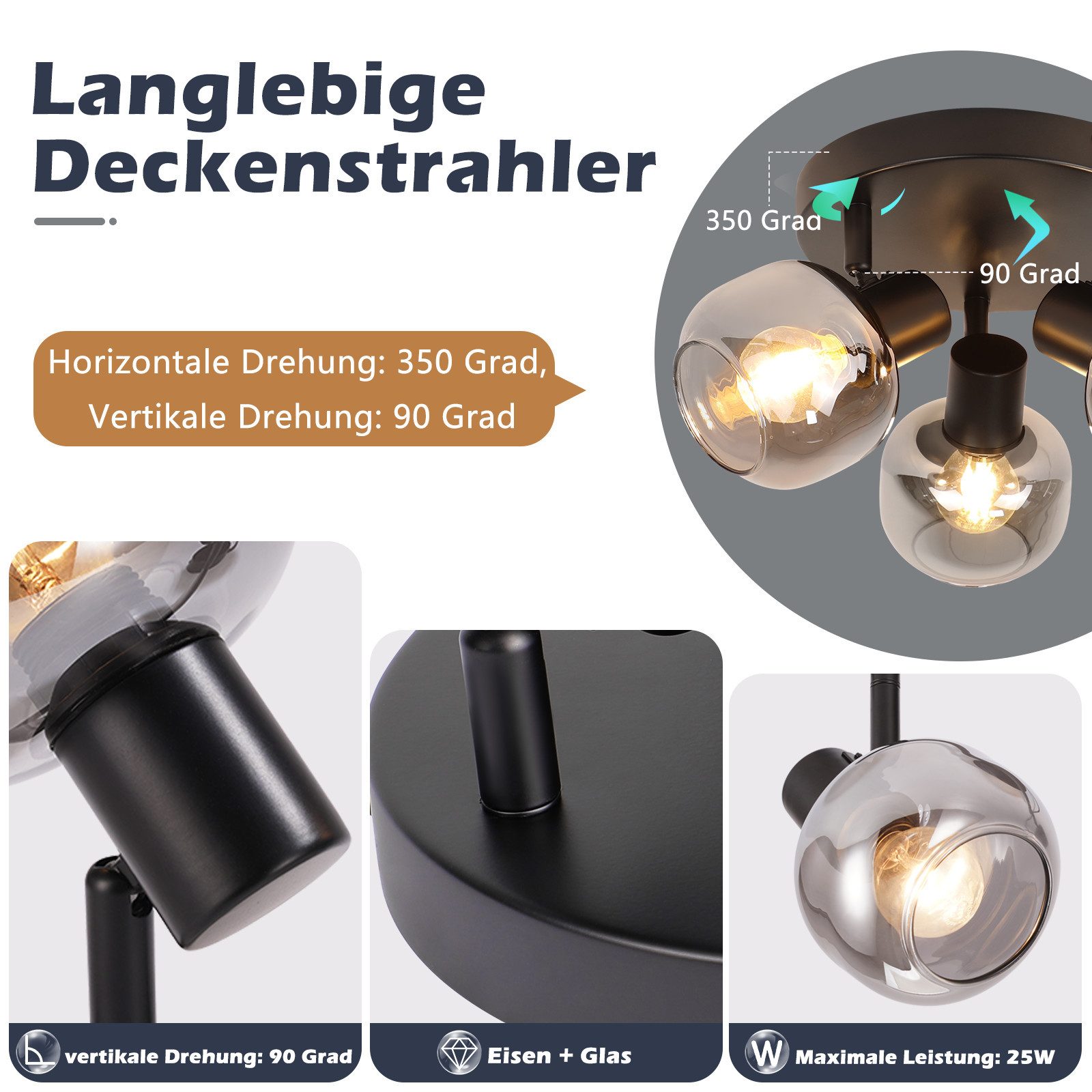 ZMH Deckenstrahler 3 Flammig - Glas Modern Rund Deckenspots 350° Schwenkbar günstig online kaufen