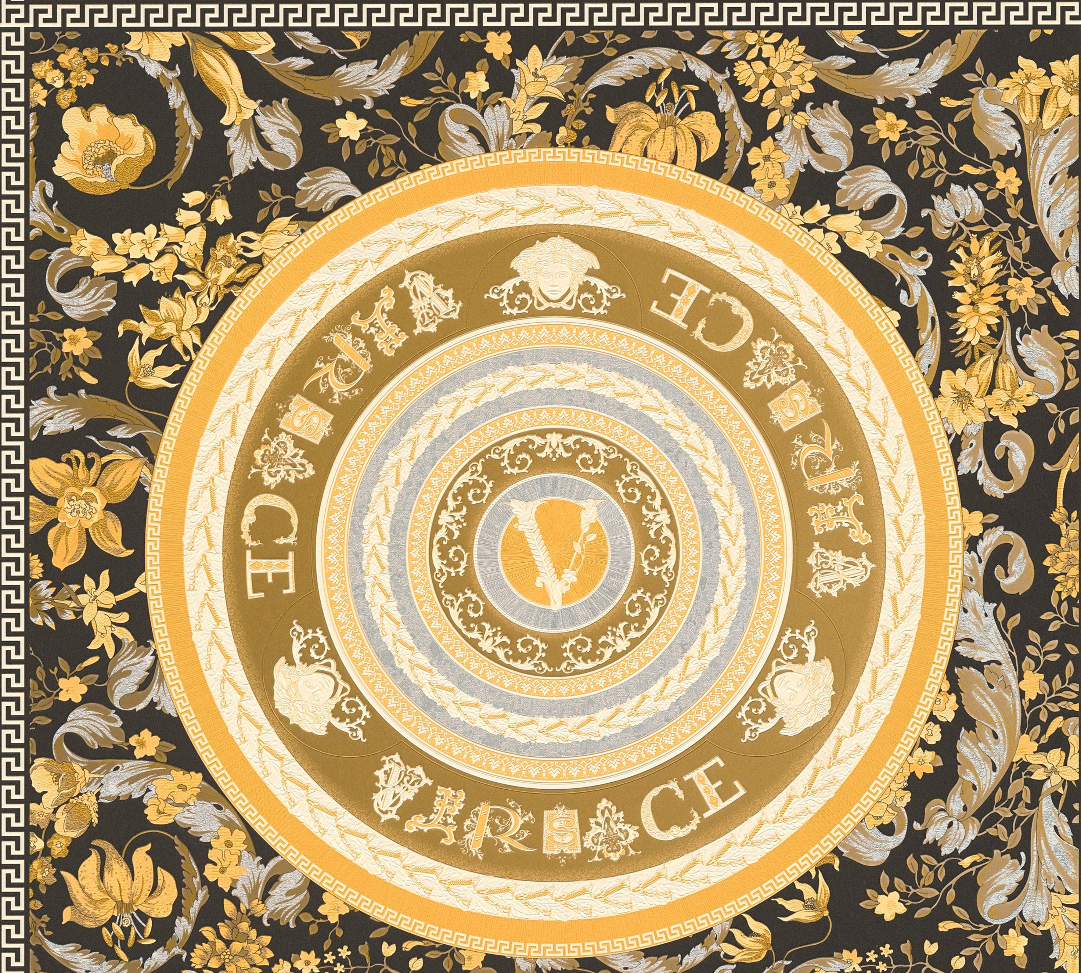 Versace Vliestapete Wallpaper Versace 5 Floral Design, leicht strukturiert, leicht glänzend, (1 St), Designertapete, auffallende Fliesen-Tapete goldfarben/schwarz/silberfarben