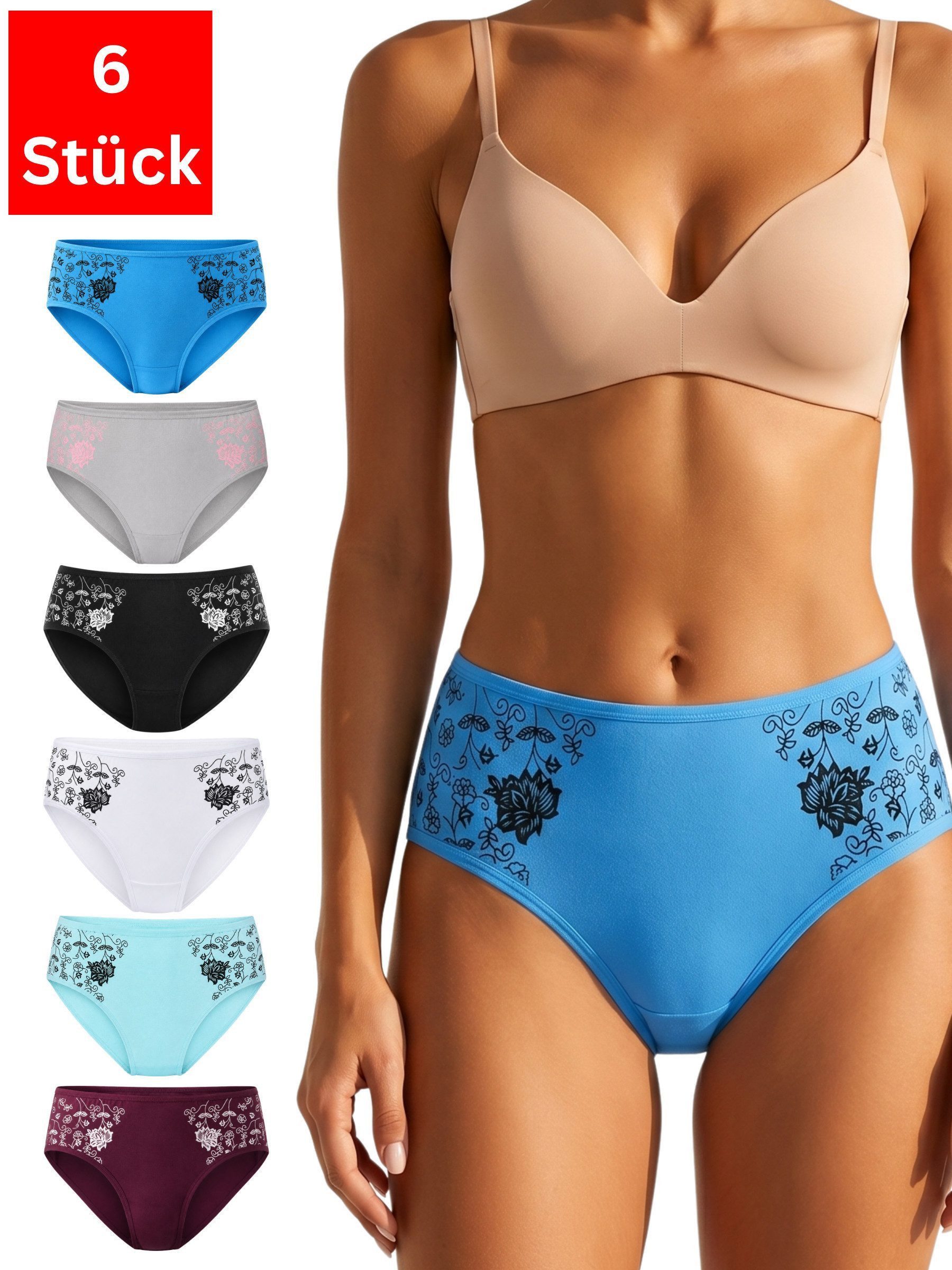 Elegant Love Slip Damenslips aus Baumwollmix mit floralem Muster, Unterhosen im Mehrpack (Packung, 6-St., 6er-Pack) Taillenslip Panties, …