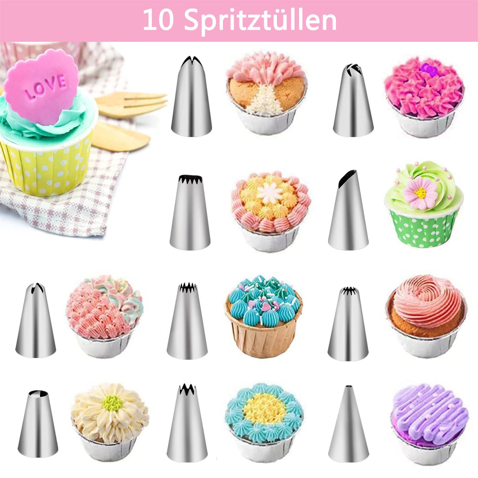 Coonoor Spritzbeutel mit Tüllen 40 Stück, Spritztüllen Set, Torten Zubehör (40-tlg) mit Spritztüllen Edelstahl, Silikon Spritzbeutel – Bild 2 von 5