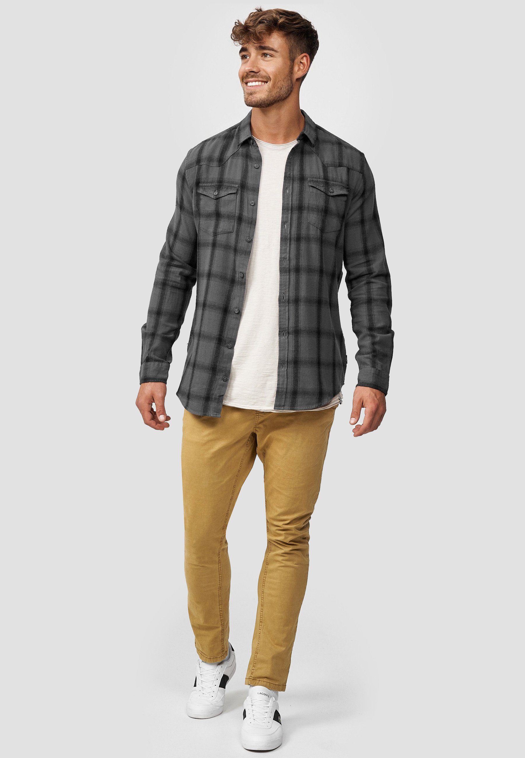 Indicode Langarmhemd Herren Altin Herrenhemd Langarm Flanellhemd im Karo-Design
