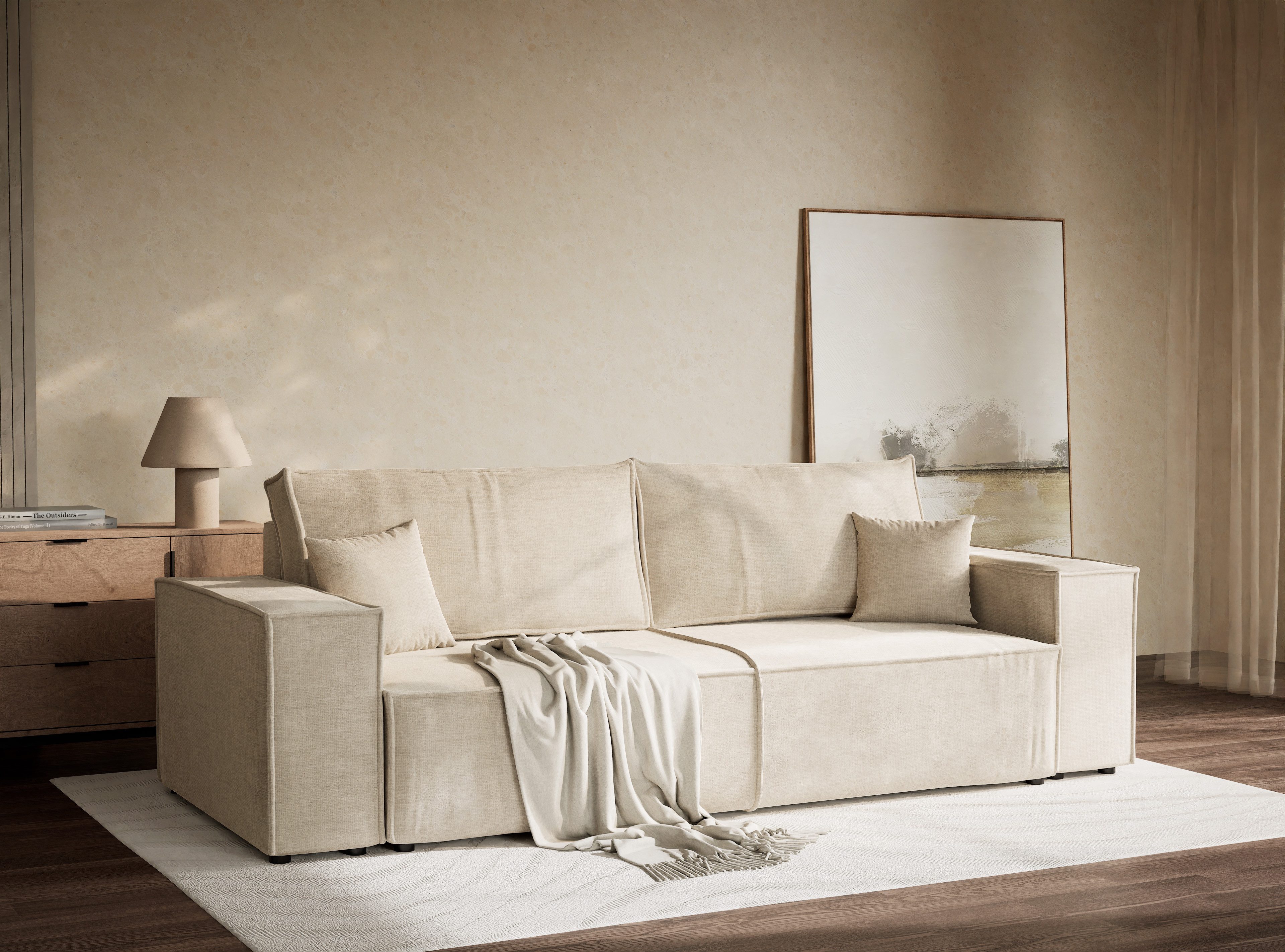Maison de Rêve 3-Sitzer Sofa mit Schlaffunktion Milos, Schlafsofa mit Bettkasten und Zierkissen, Liegefläche 135x200 cm