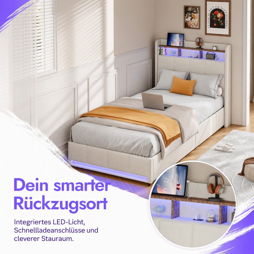 Simurq Einzelbett Polsterbett 90x200 mit 2 Schubladen, Jugendbett, Gästebett, Multifunktionsbett, Mit Lattenrost, USB Port & LED, Leinen