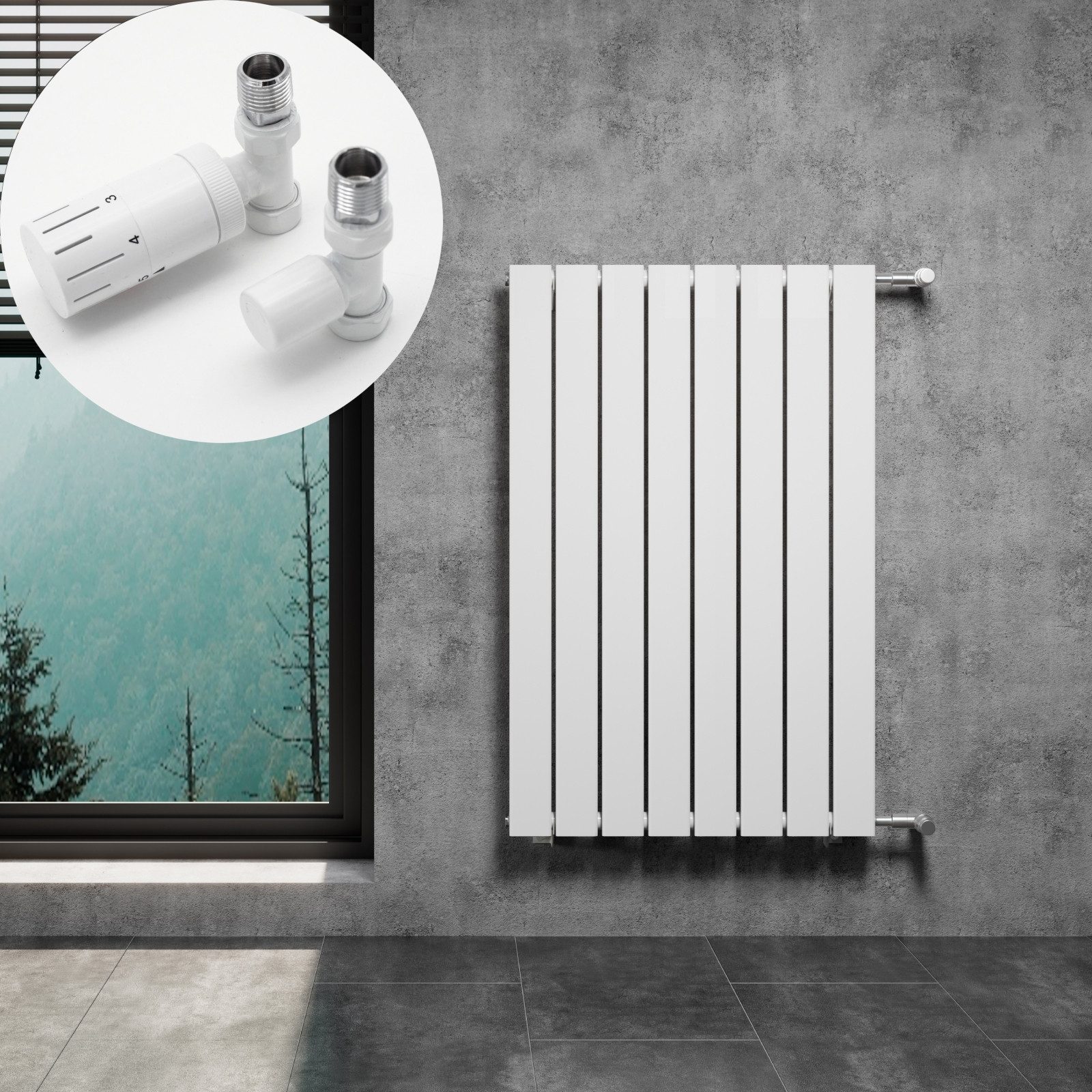 WITEN&NOCK Designheizkörper Paneelheizkörper mit Seitenanschluss Nabenabstand 500mm/550mm/900 mm, inkl. Durchgangsform Thermostatventil