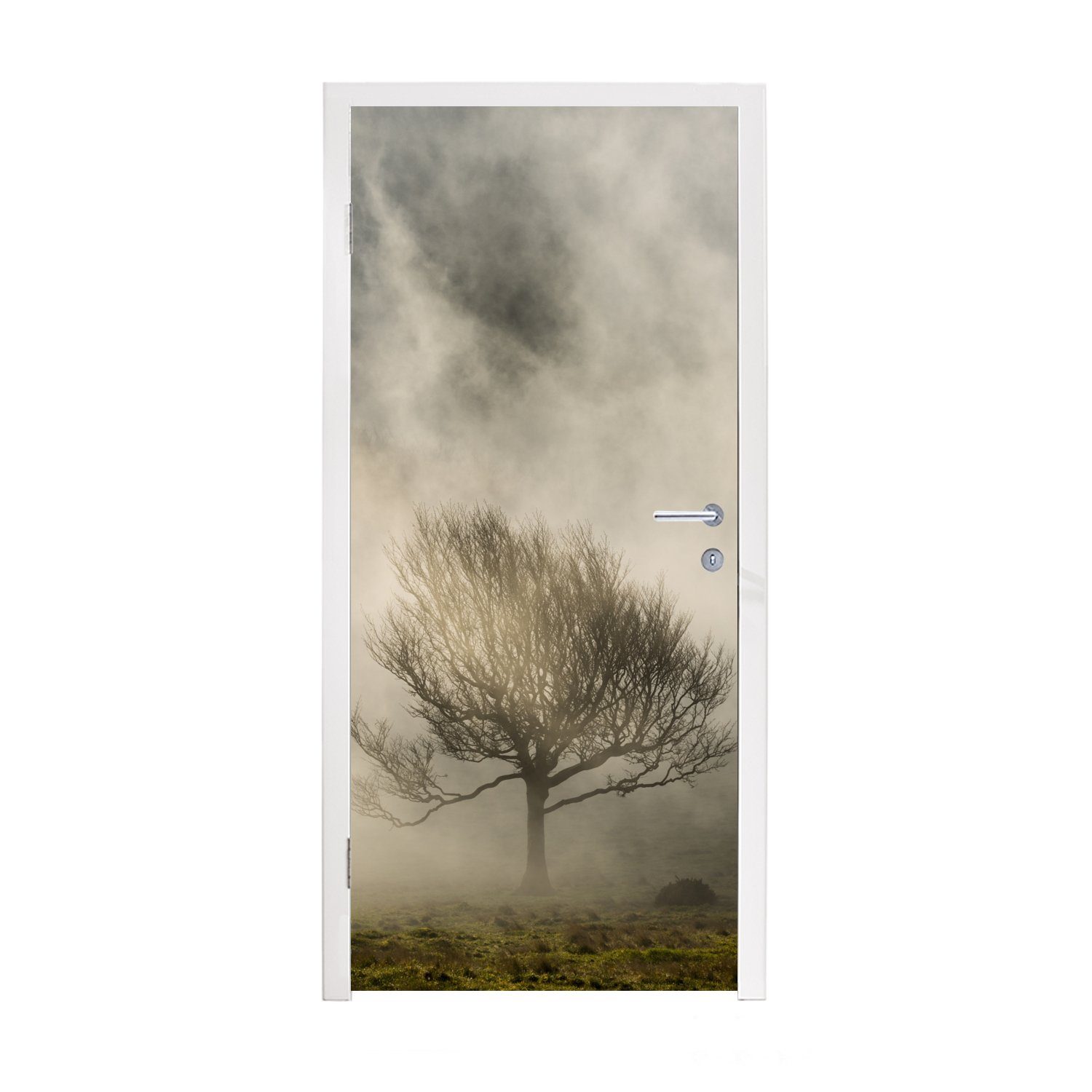 MuchoWow Türtapete Einfacher Baum im Nebel, Matt, bedruckt, (1 St), Fototapete für Tür, Türaufkleber, 75x205 cm