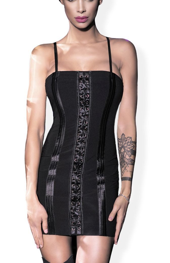 Minikleid Damen Dessous FrontSpitzensaum Kleid in schwarz mit Satin Optik, Front
